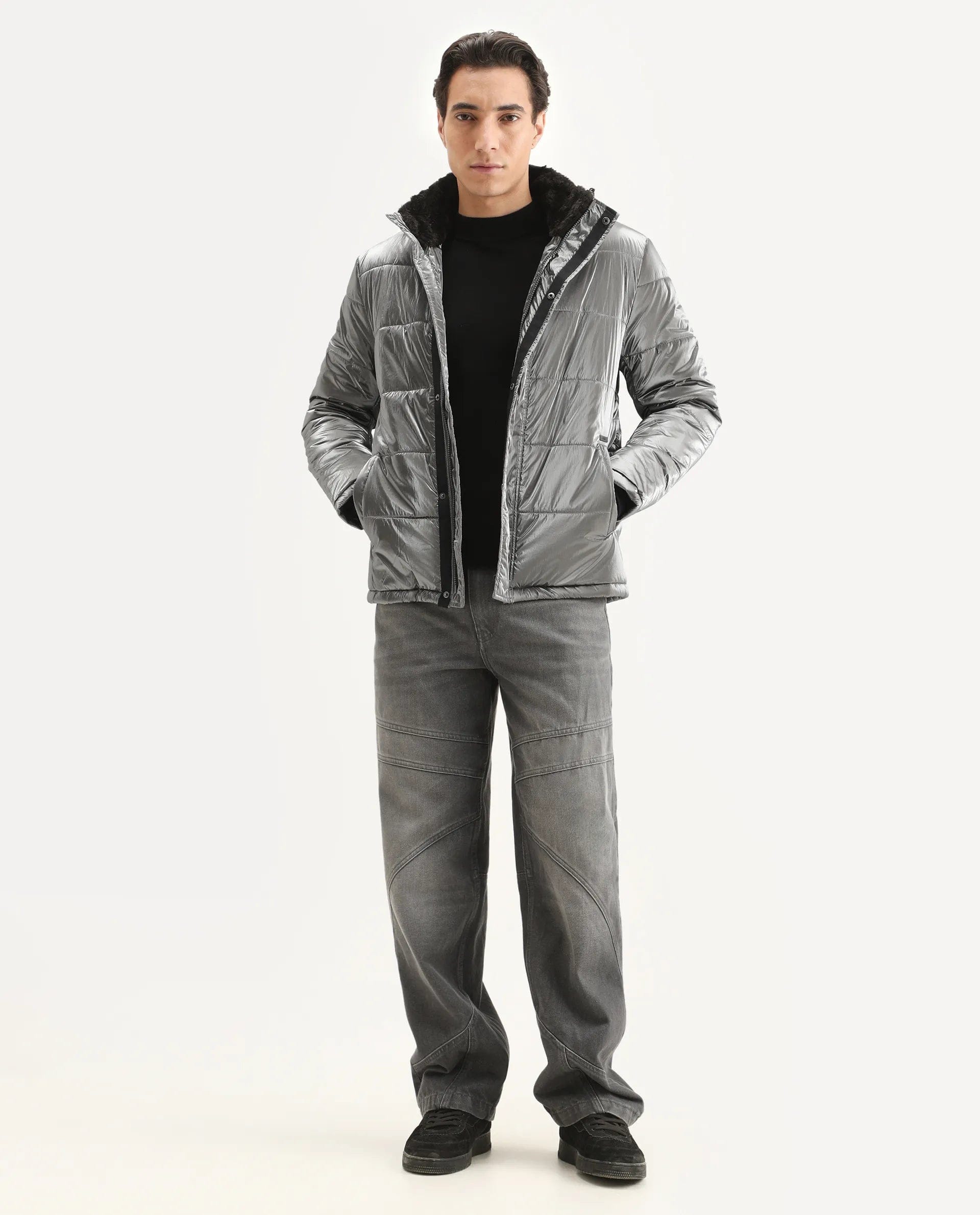 RARE Rabbit Men's Osad Dark Grey Polyester Plain Relaxed Fit Full Sleeve Hooded Jacket