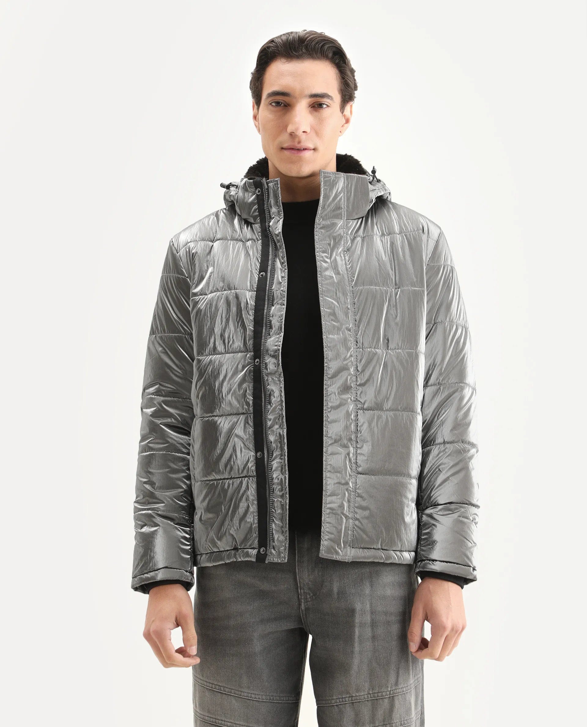RARE Rabbit Men's Osad Dark Grey Polyester Plain Relaxed Fit Full Sleeve Hooded Jacket