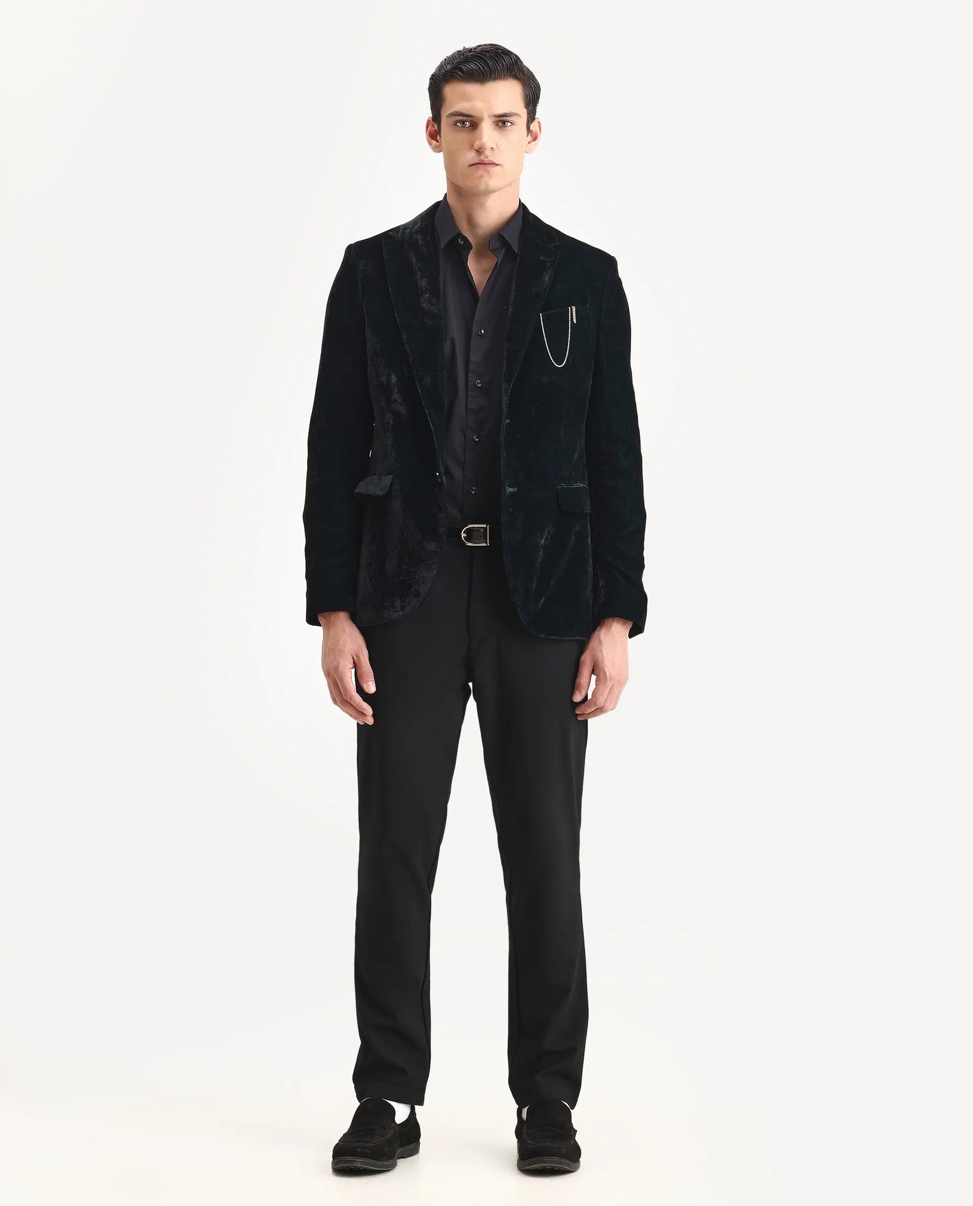 RARE Rabbit Men's Velter Dark Teal Velvet Plain Tailored Fit Full Sleeve Lapel Neck Blazer
