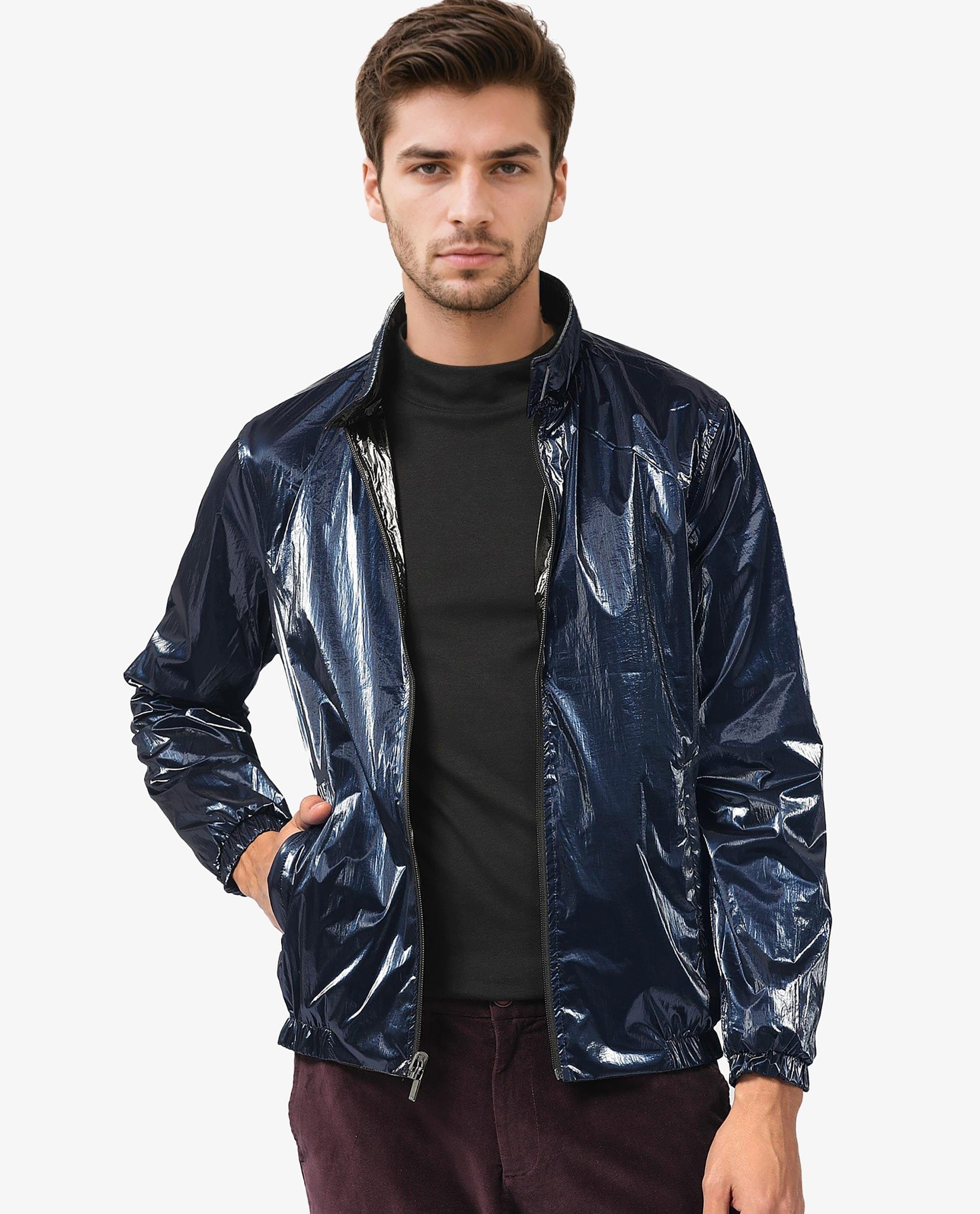 RARE Rabbit Men's Adler Navy Polyester Plain Regular Fit Full Sleeve Mandarin Collar Jacket