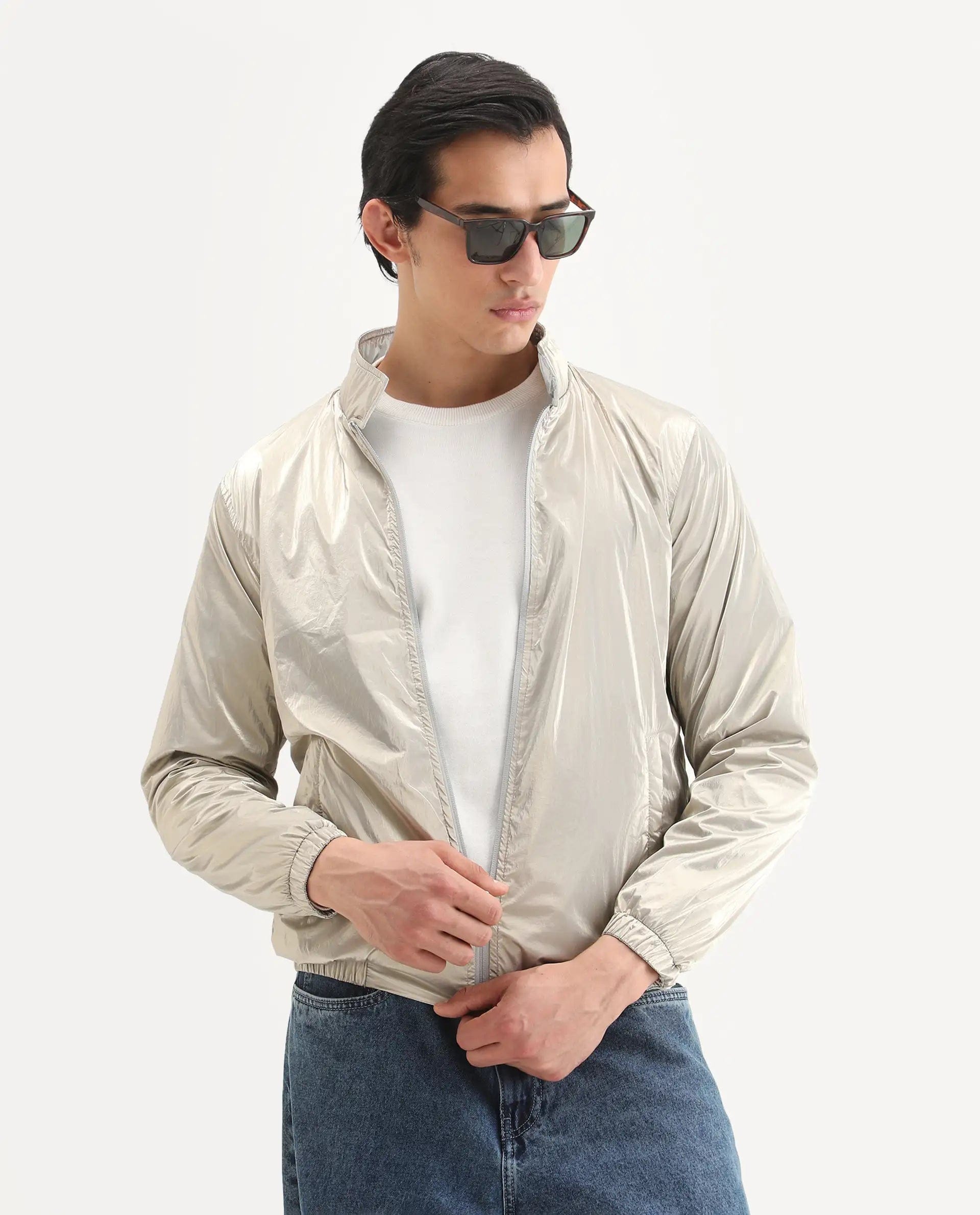 RARE Rabbit Men's Adler Gold Polyester Plain Regular Fit Full Sleeve Mandarin Collar Jacket