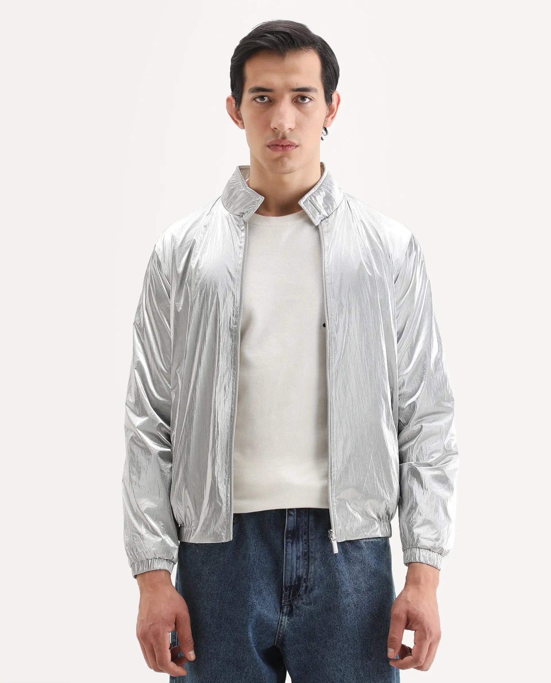 RARE Rabbit Men's Adler Gold Polyester Plain Regular Fit Full Sleeve Mandarin Collar Jacket