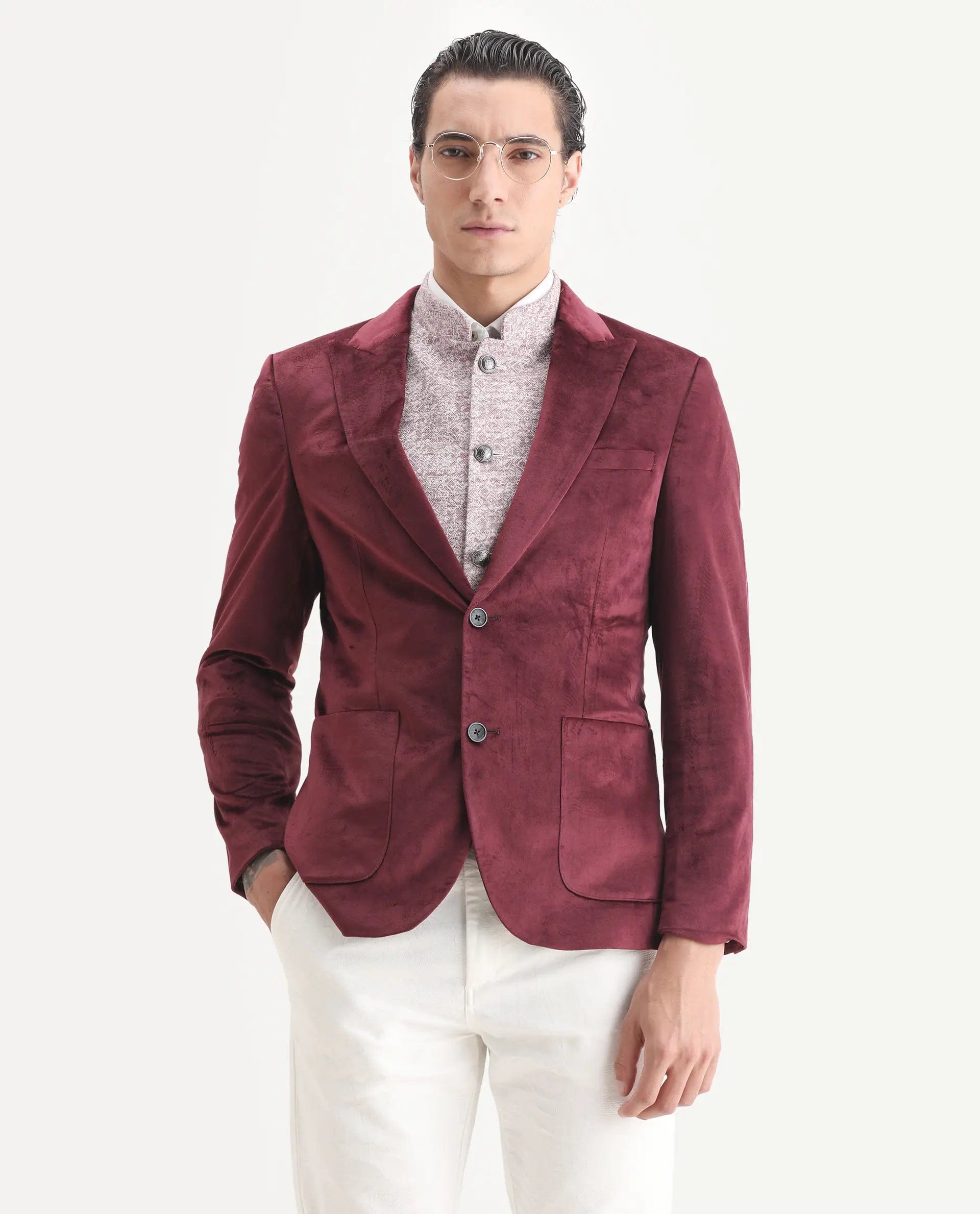 RARE Rabbit Men's Mazey Maroon Polyester Blend Plain Tailored Fit Full Sleeve Lapel Neck Blazer