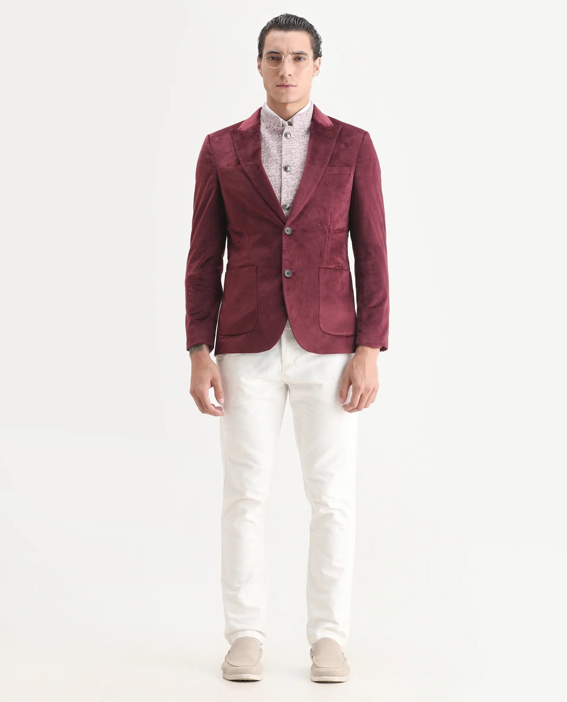 RARE Rabbit Men's Mazey Maroon Polyester Blend Plain Tailored Fit Full Sleeve Lapel Neck Blazer