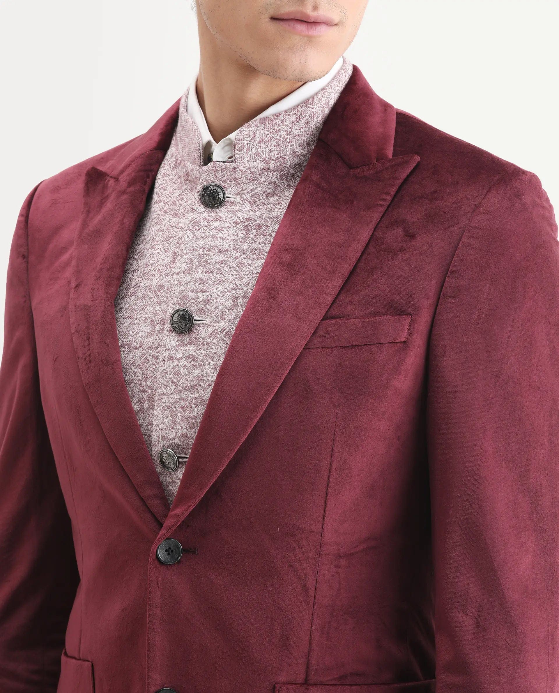 RARE Rabbit Men's Mazey Maroon Polyester Blend Plain Tailored Fit Full Sleeve Lapel Neck Blazer