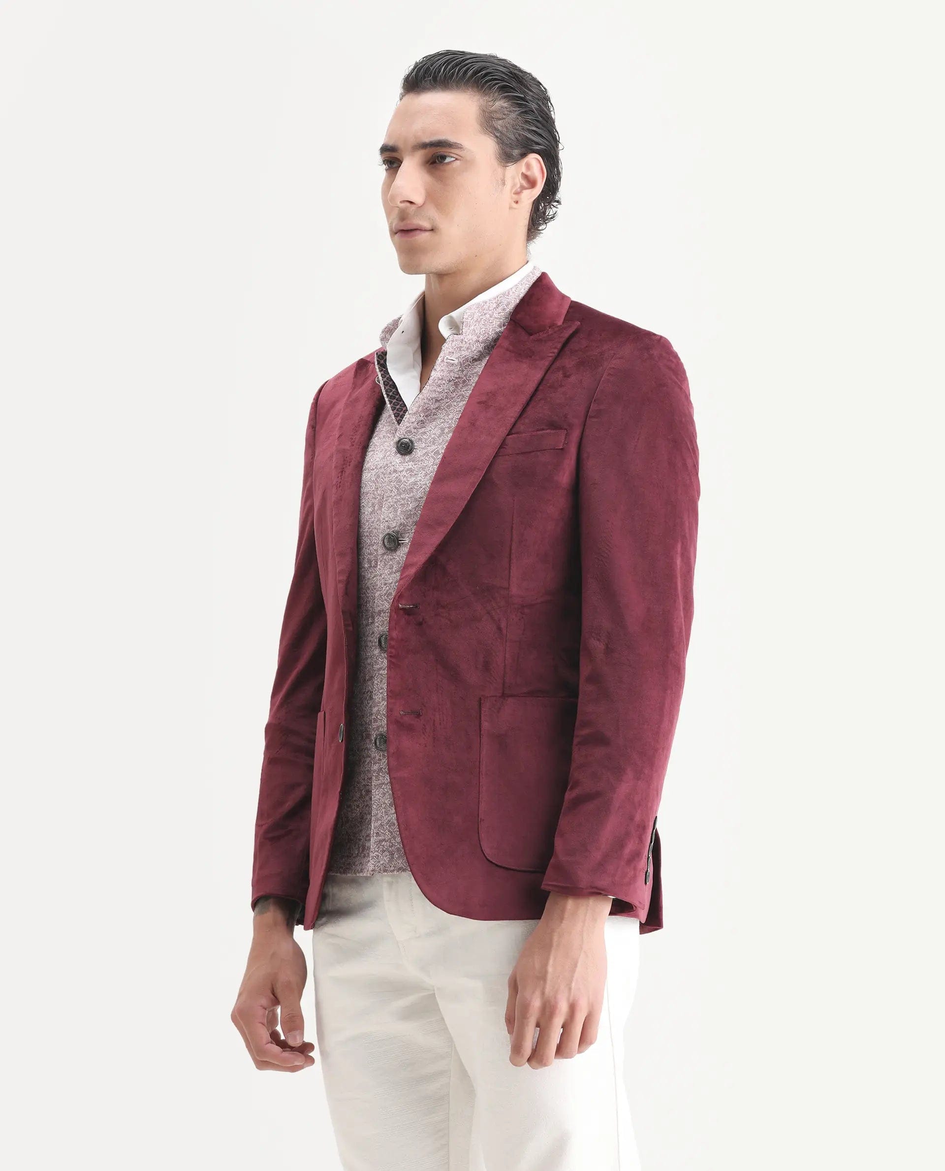 RARE Rabbit Men's Mazey Maroon Polyester Blend Plain Tailored Fit Full Sleeve Lapel Neck Blazer