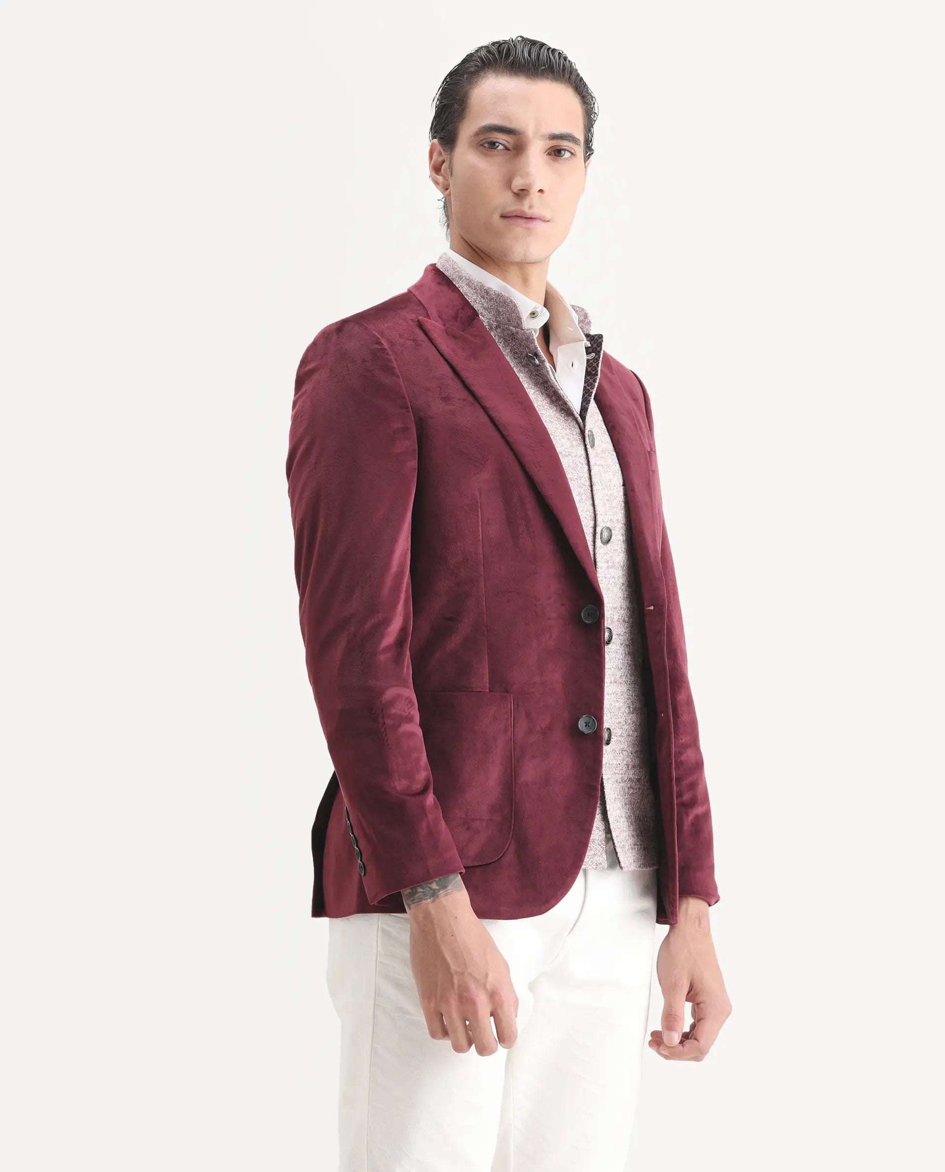 RARE Rabbit Men's Mazey Maroon Polyester Blend Plain Tailored Fit Full Sleeve Lapel Neck Blazer