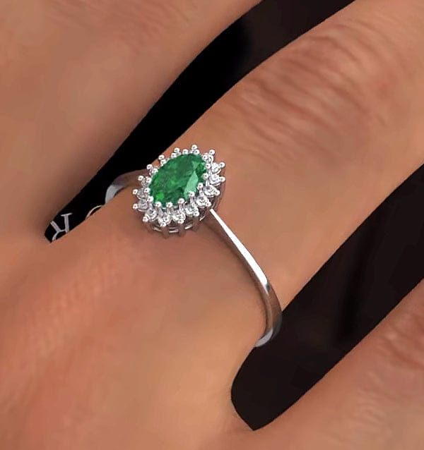Diamond Emerald 6 x 4 mm And Diamond 9K White Gold Ring Item A4434