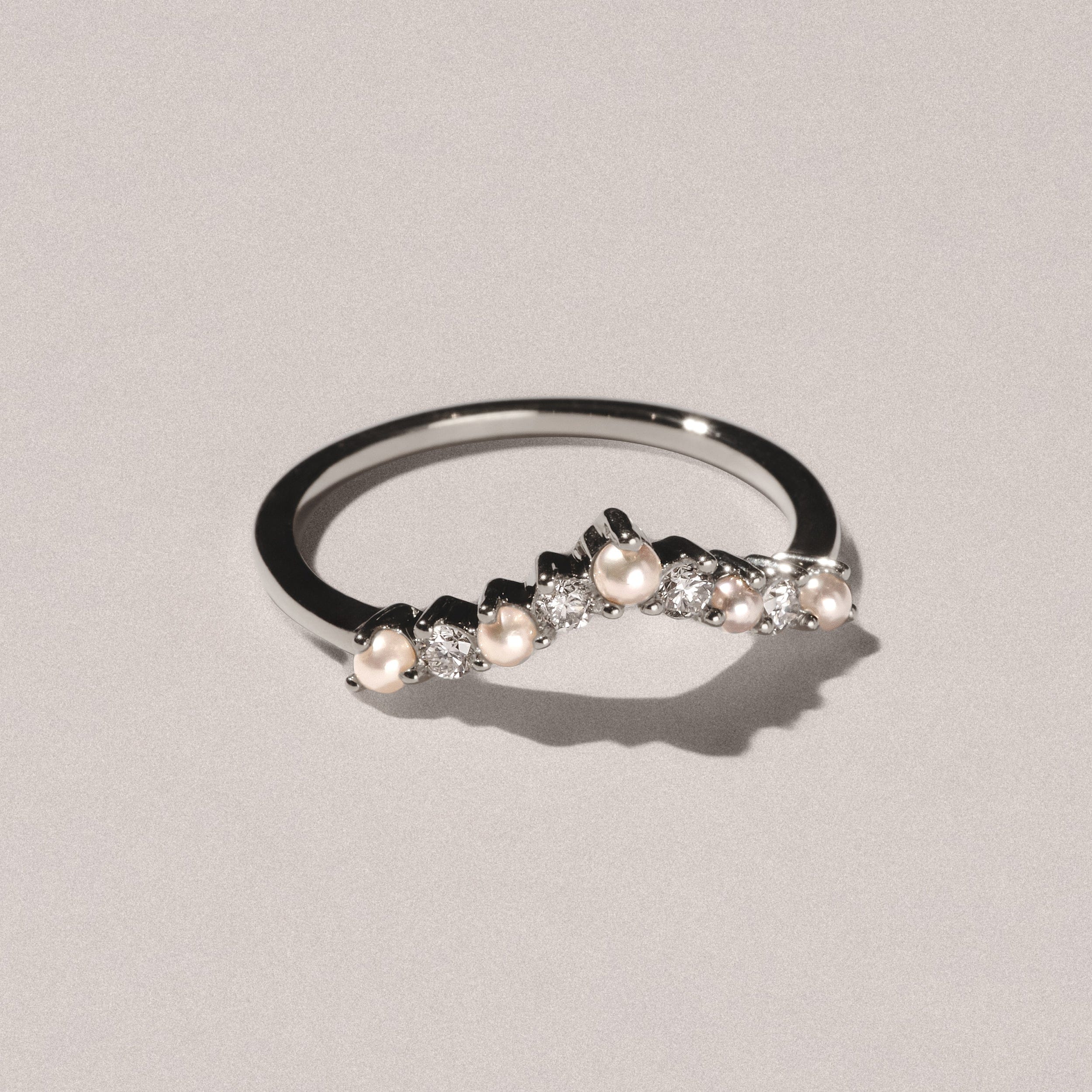 WISHBONE Starlit Pearl and Lab Diamond Wishbone Ring in 9K White Gold