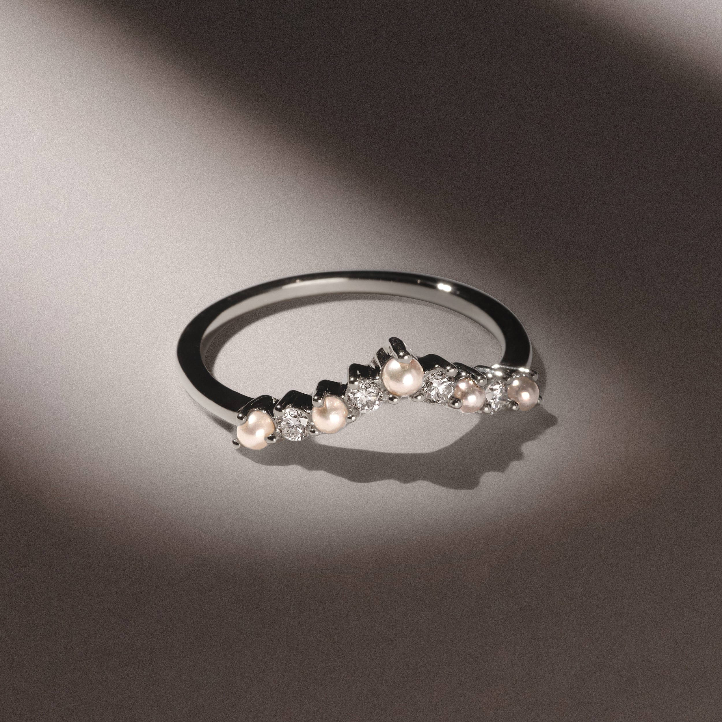 WISHBONE Starlit Pearl and Lab Diamond Wishbone Ring in 9K White Gold