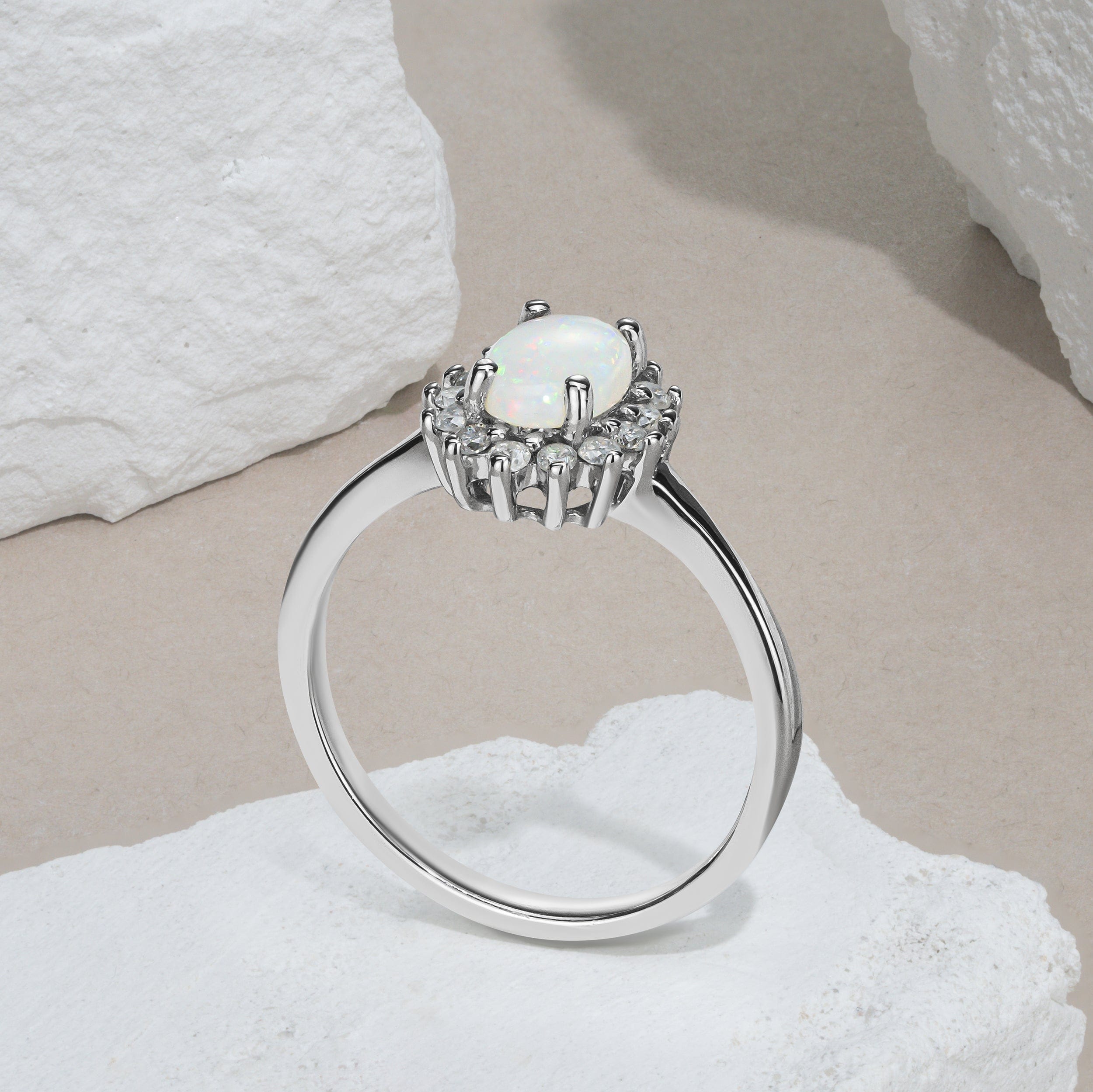 Diamond Opal 7 x 5 mm And Diamond 925 Sterling Silver Ring