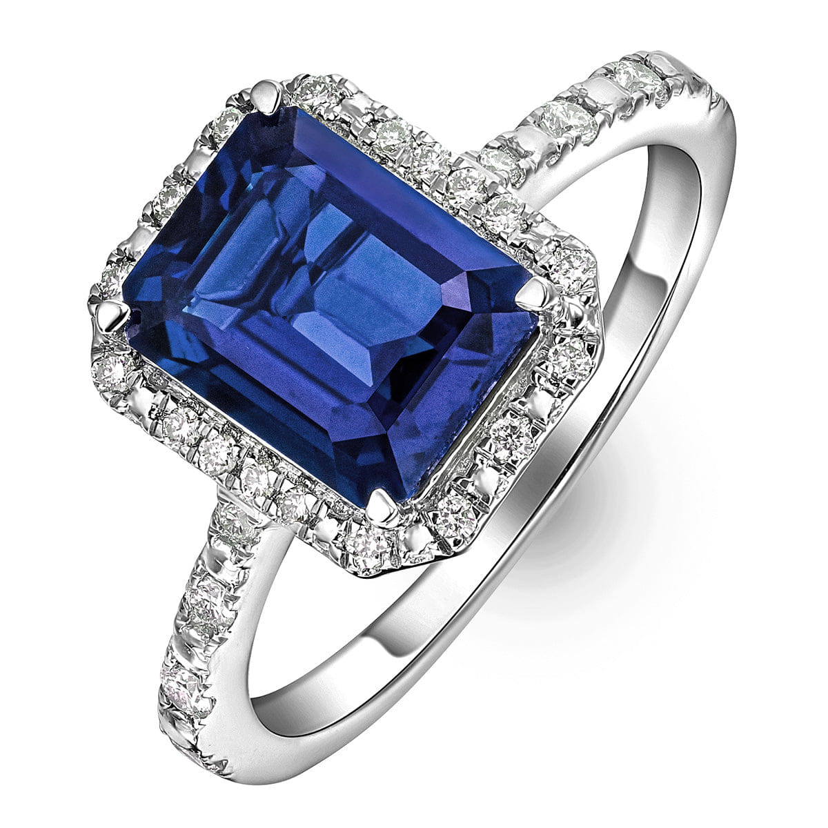 RING Astra 1.90ct Lab Sapphire Halo Shoulder Set Octagon Cut Ring in Silver