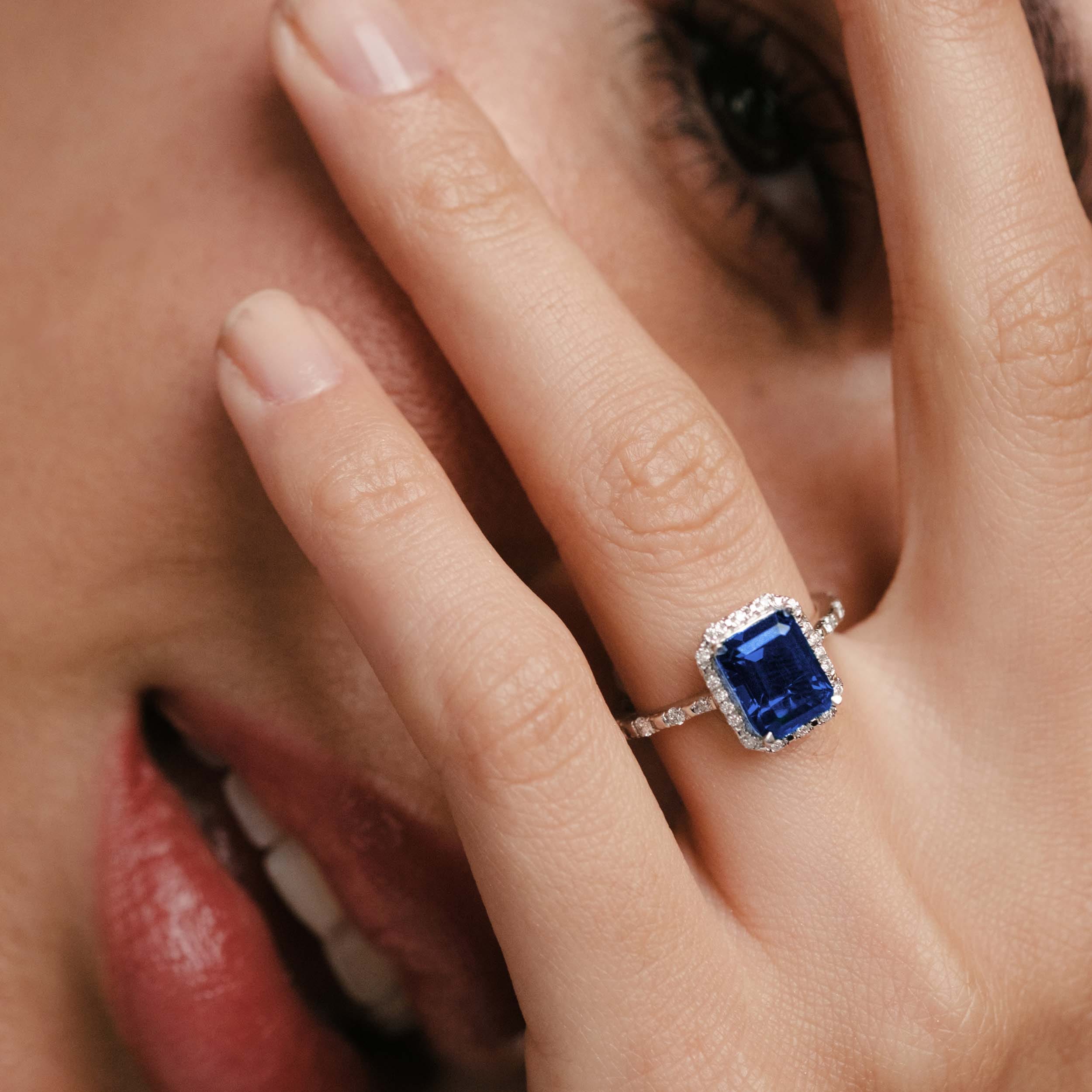 RING Astra 1.90ct Lab Sapphire Halo Shoulder Set Octagon Cut Ring in Silver