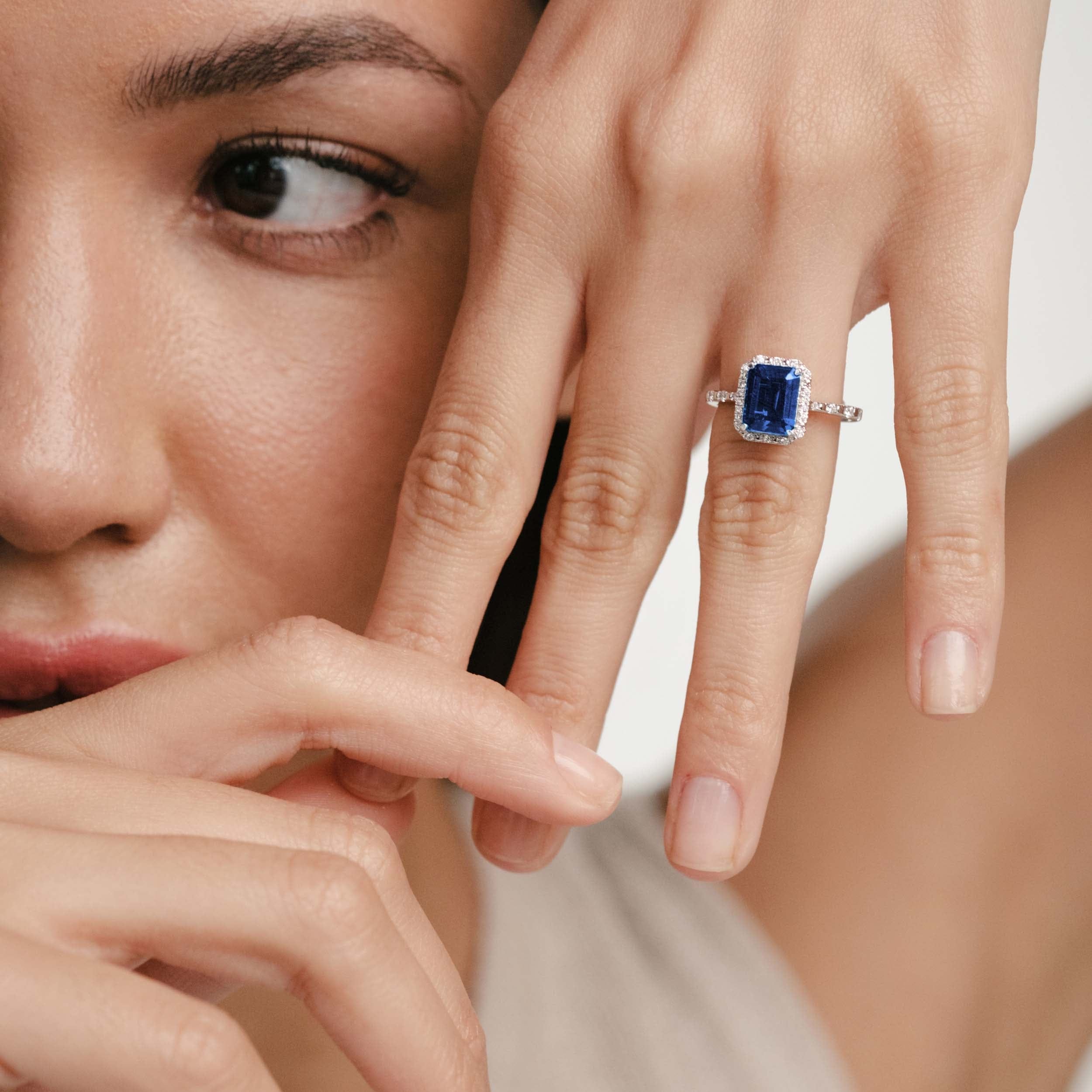 RING Astra 1.90ct Lab Sapphire Halo Shoulder Set Octagon Cut Ring in Silver
