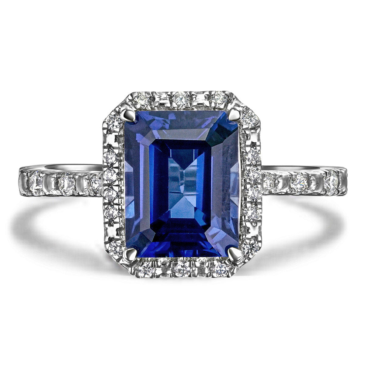 RING Astra 1.90ct Lab Sapphire Halo Shoulder Set Octagon Cut Ring in Silver
