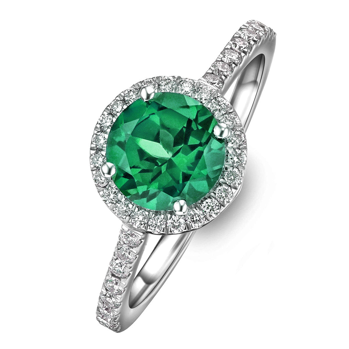 Diamond Astra 2.50ct Lab Emerald and Diamond Halo Shoulder Set Round Cut in Silver