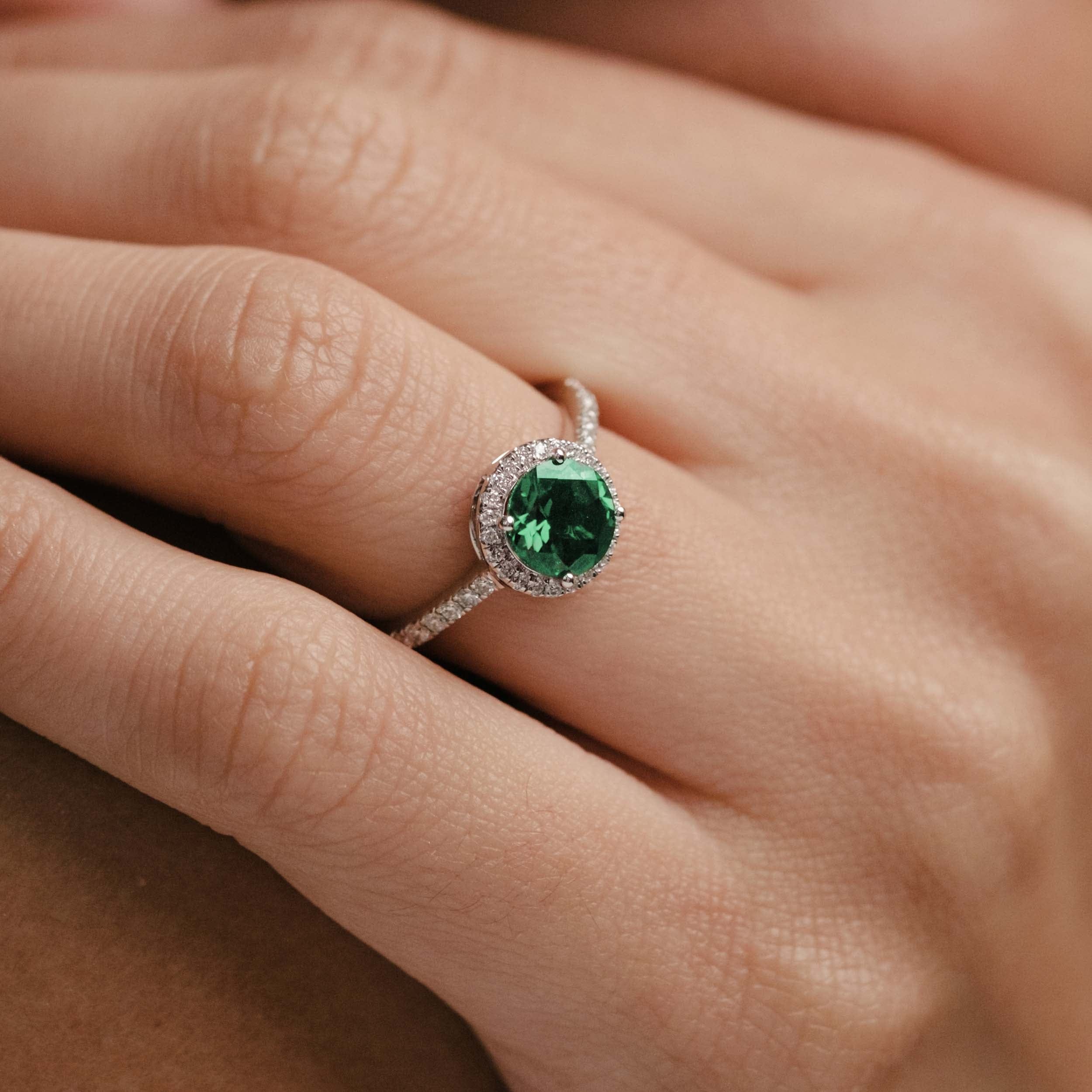 Diamond Astra 2.50ct Lab Emerald and Diamond Halo Shoulder Set Round Cut in Silver
