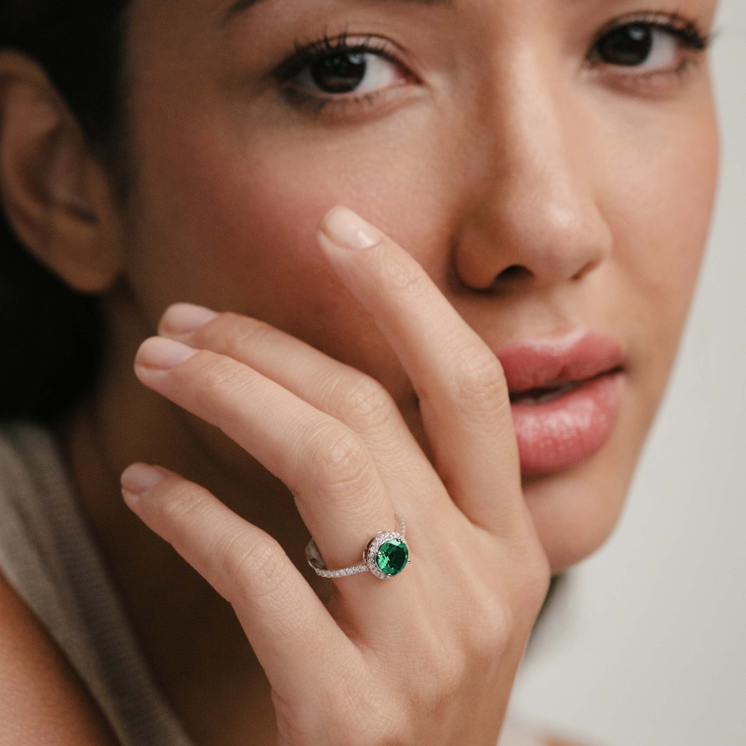 Diamond Astra 2.50ct Lab Emerald and Diamond Halo Shoulder Set Round Cut in Silver