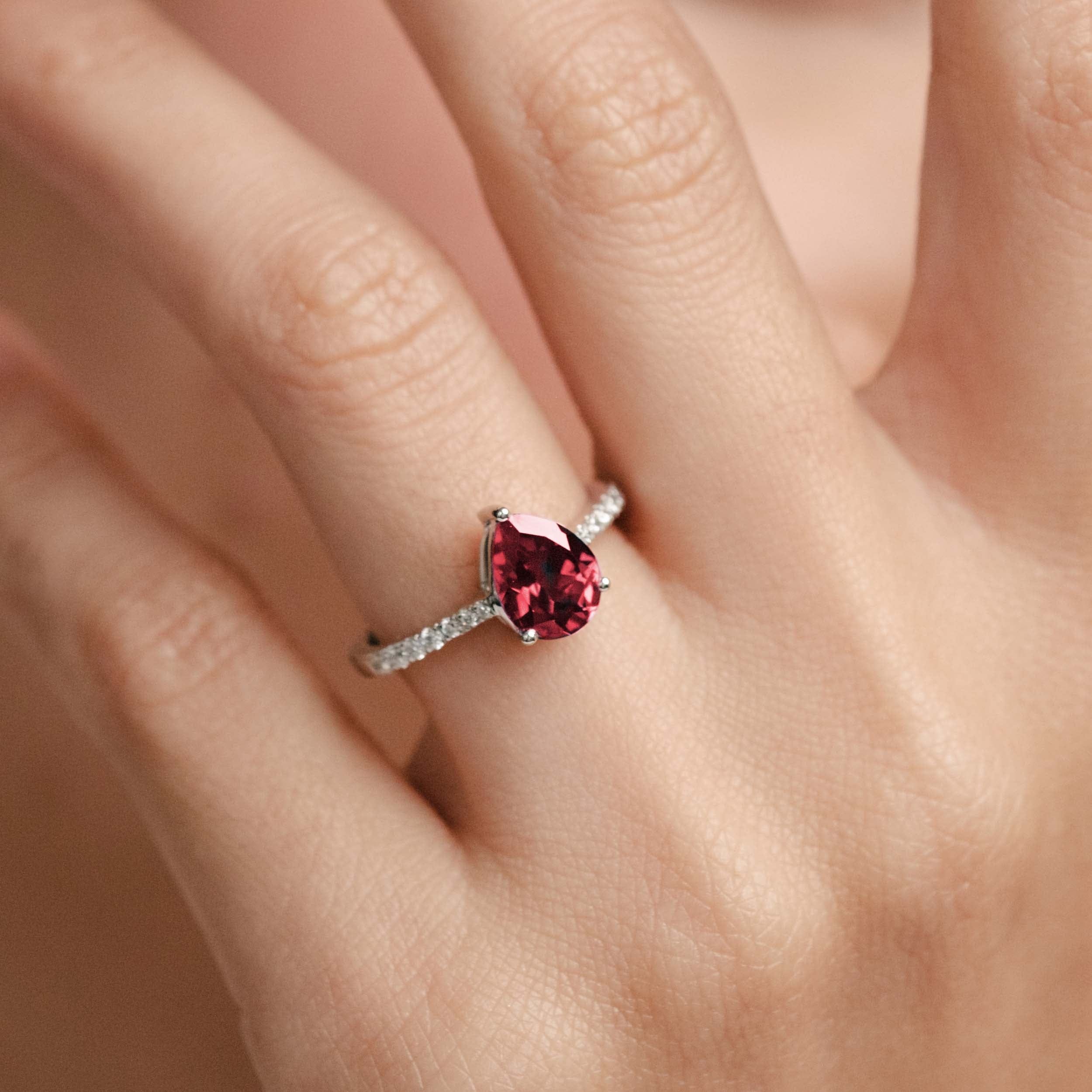 Diamond Astra 3.50ct Lab Ruby and Diamond Shoulder Set Pear Cut Ring in Silver