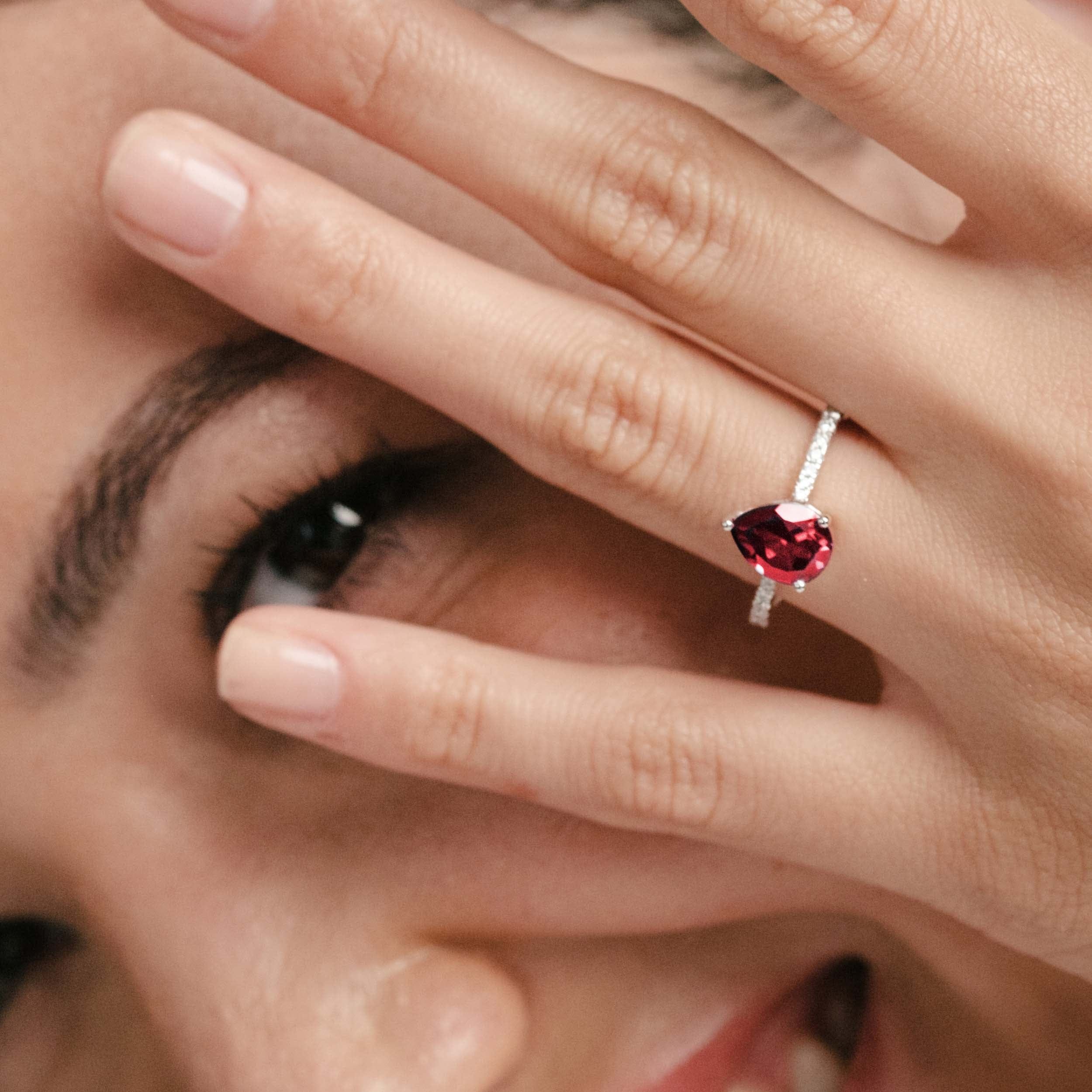 Diamond Astra 3.50ct Lab Ruby and Diamond Shoulder Set Pear Cut Ring in Silver