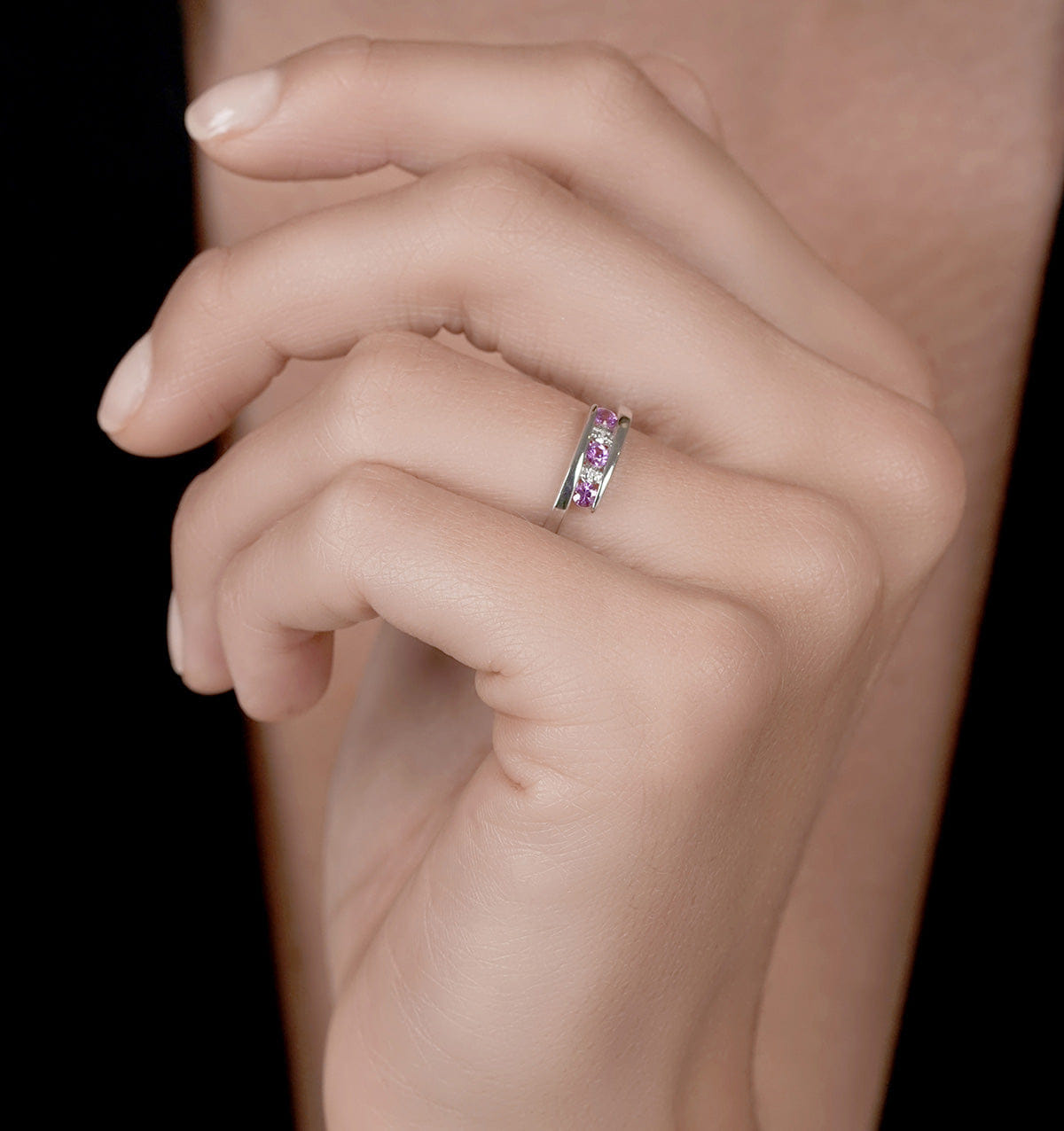 Diamond 9K White Gold Diamond and Pink Sapphire Ring