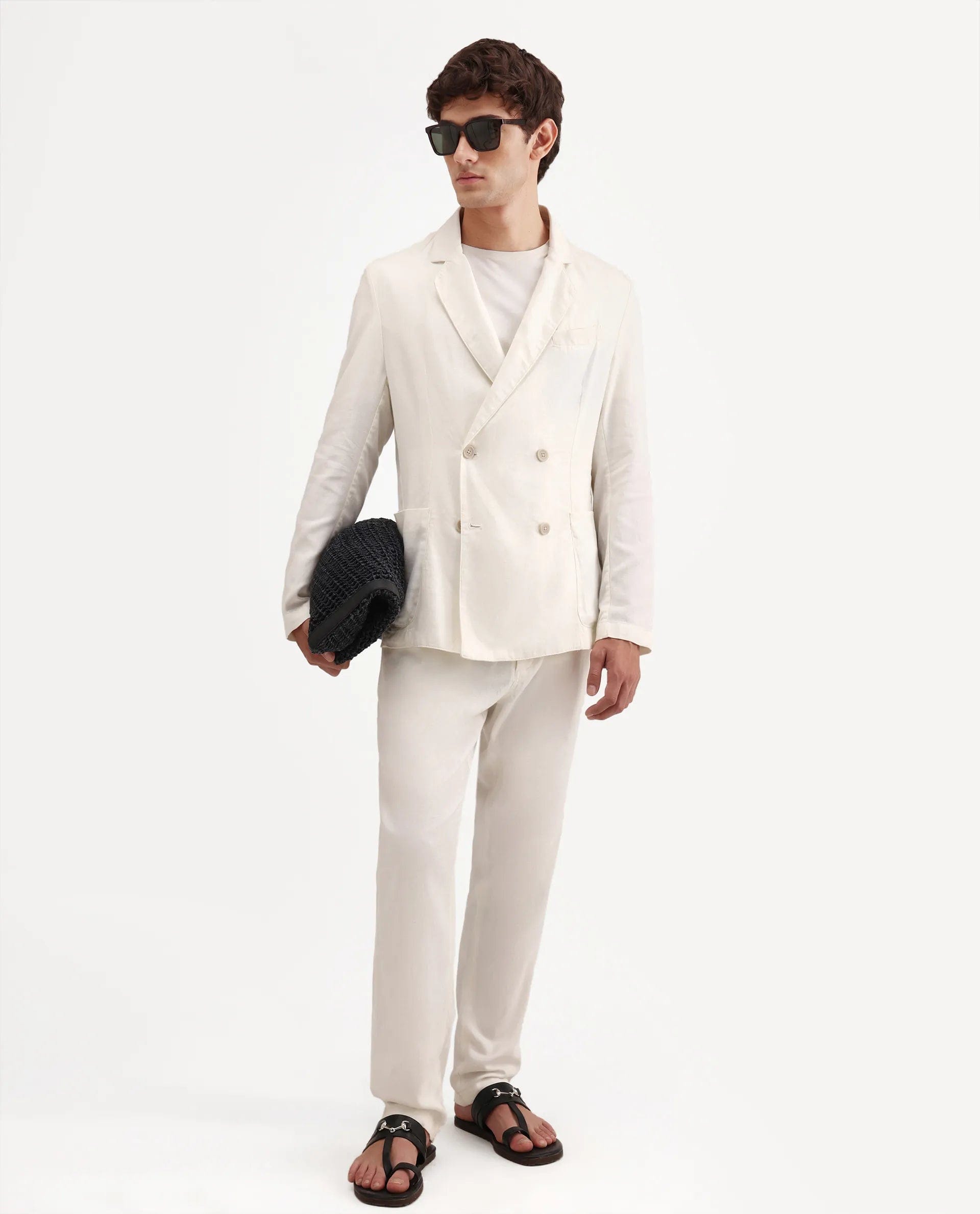 RARE Rabbit Men's Deb Off White Linen Blend Fabric Lapel Neck Tailored Fit Plain Blazer