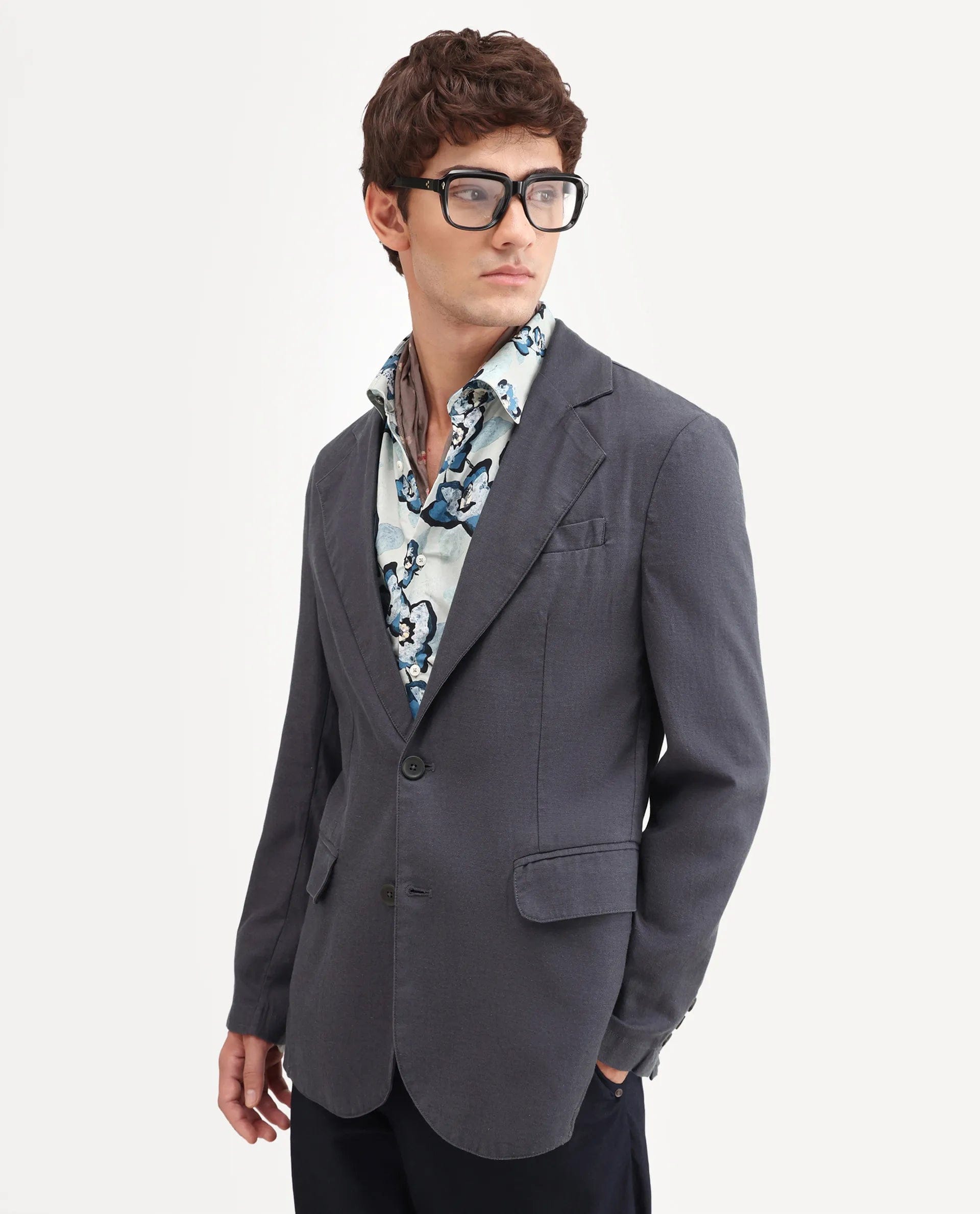 RARE Rabbit Men's Linol Dark Grey Linen Blend Fabric Lapel Neck Tailored Fit Plain Blazer