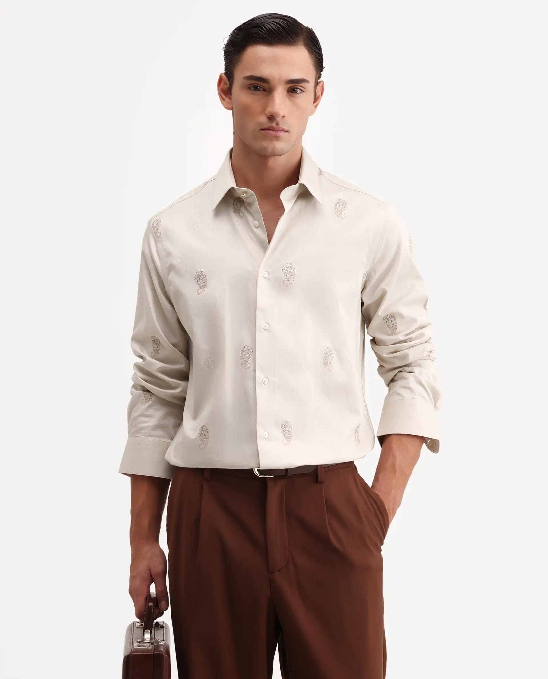 RARE Rabbit Men's Tome Beige Cotton Fabric Full Sleeve Spread Collar Button Regular Jacquard Shirt