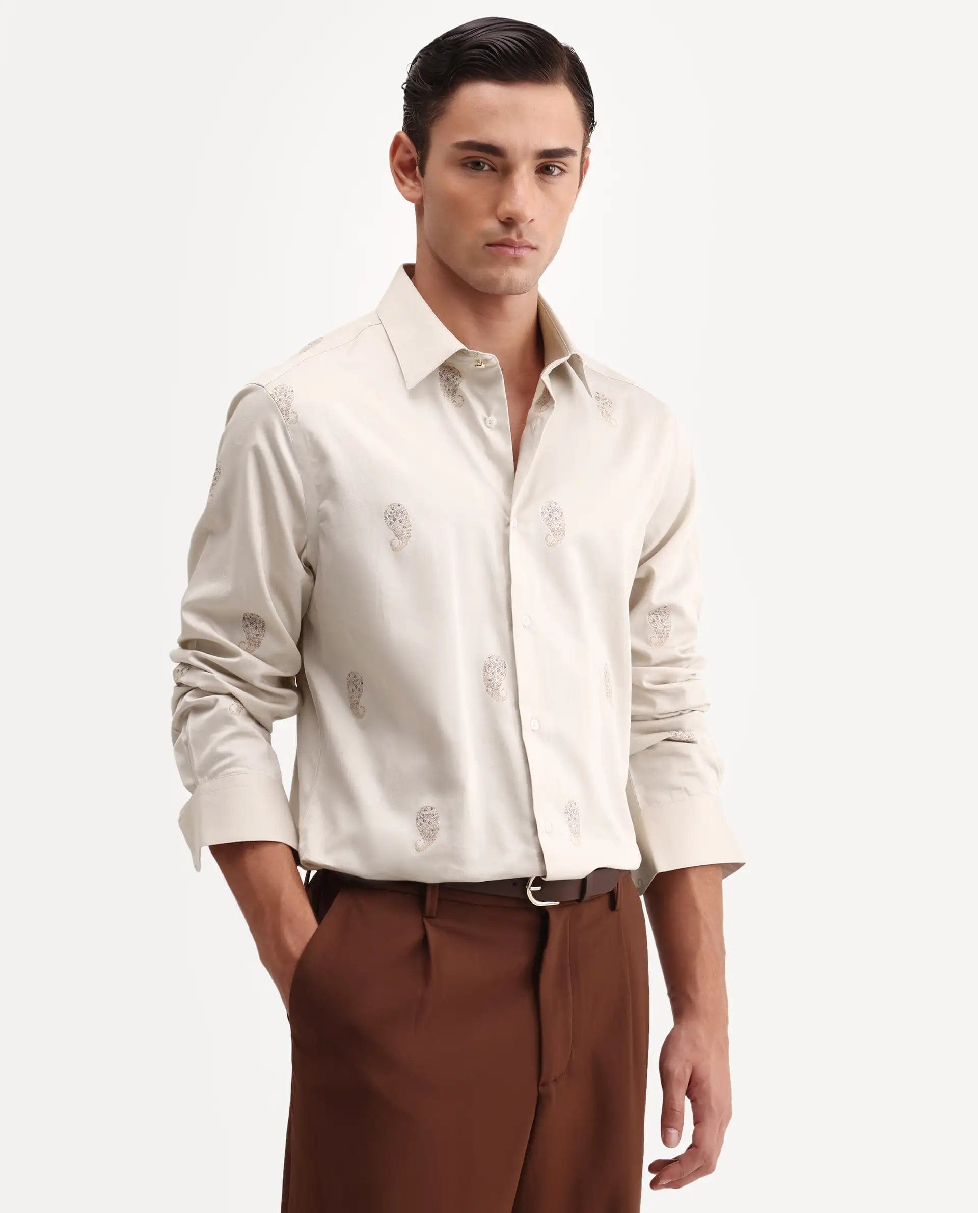 RARE Rabbit Men's Tome Beige Cotton Fabric Full Sleeve Spread Collar Button Regular Jacquard Shirt