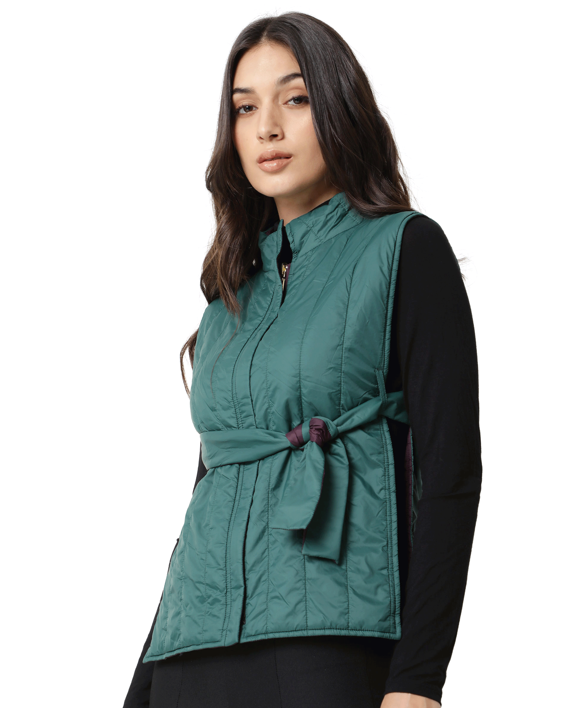 Rareism Women's Aurora Green Polyester High Neck Plain Sleeveless Regular Fit Jacket