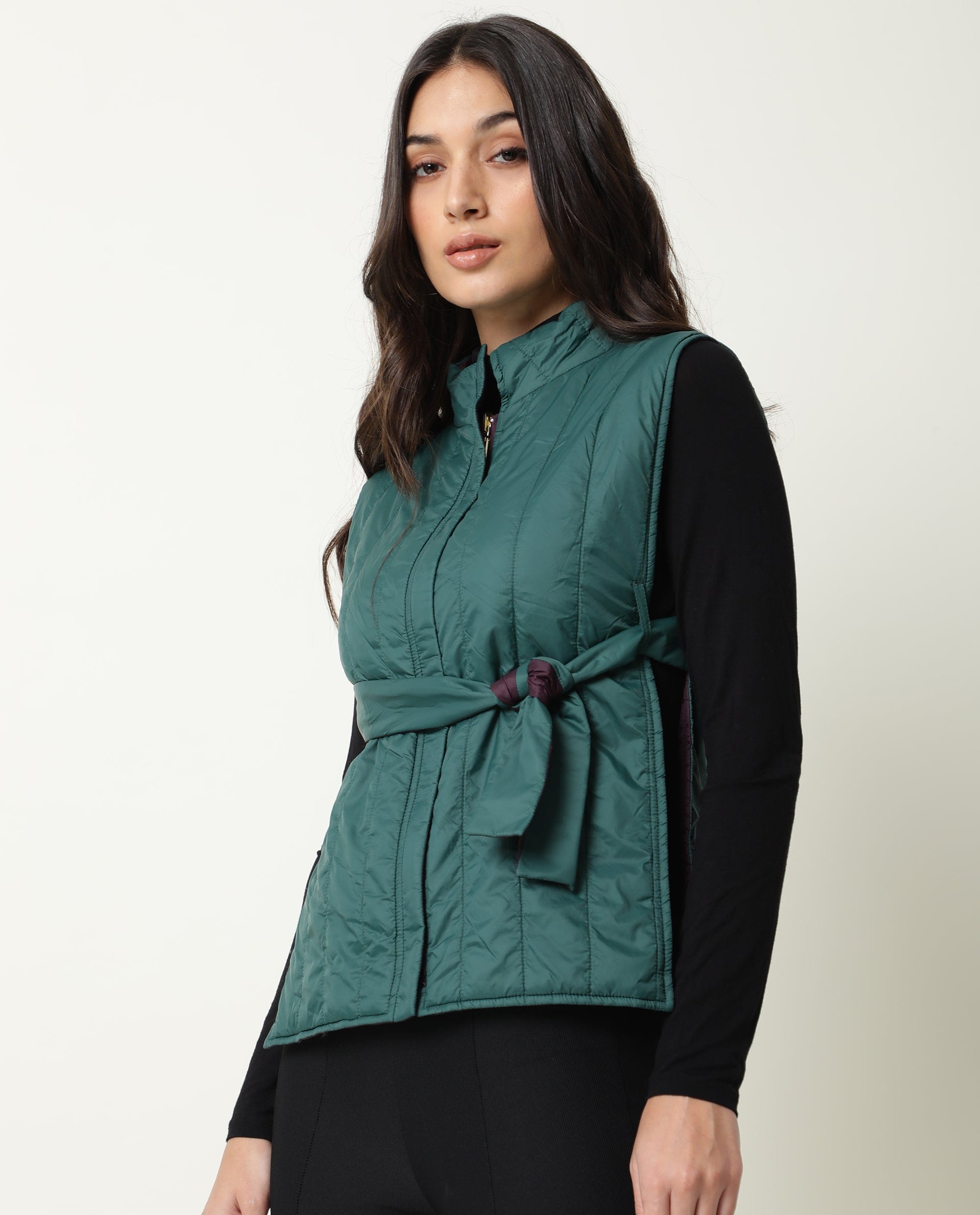 Rareism Women's Aurora Green Polyester High Neck Plain Sleeveless Regular Fit Jacket
