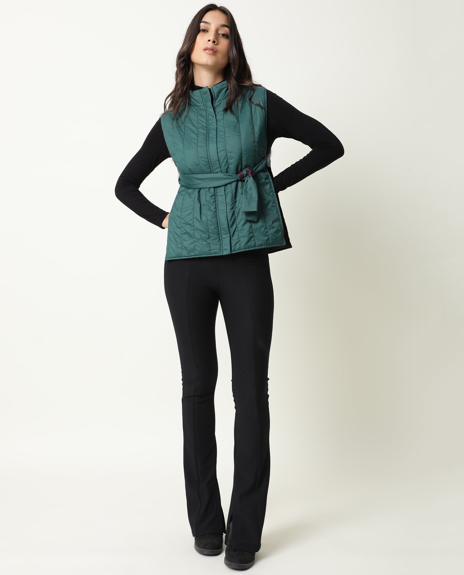 Rareism Women's Aurora Green Polyester High Neck Plain Sleeveless Regular Fit Jacket
