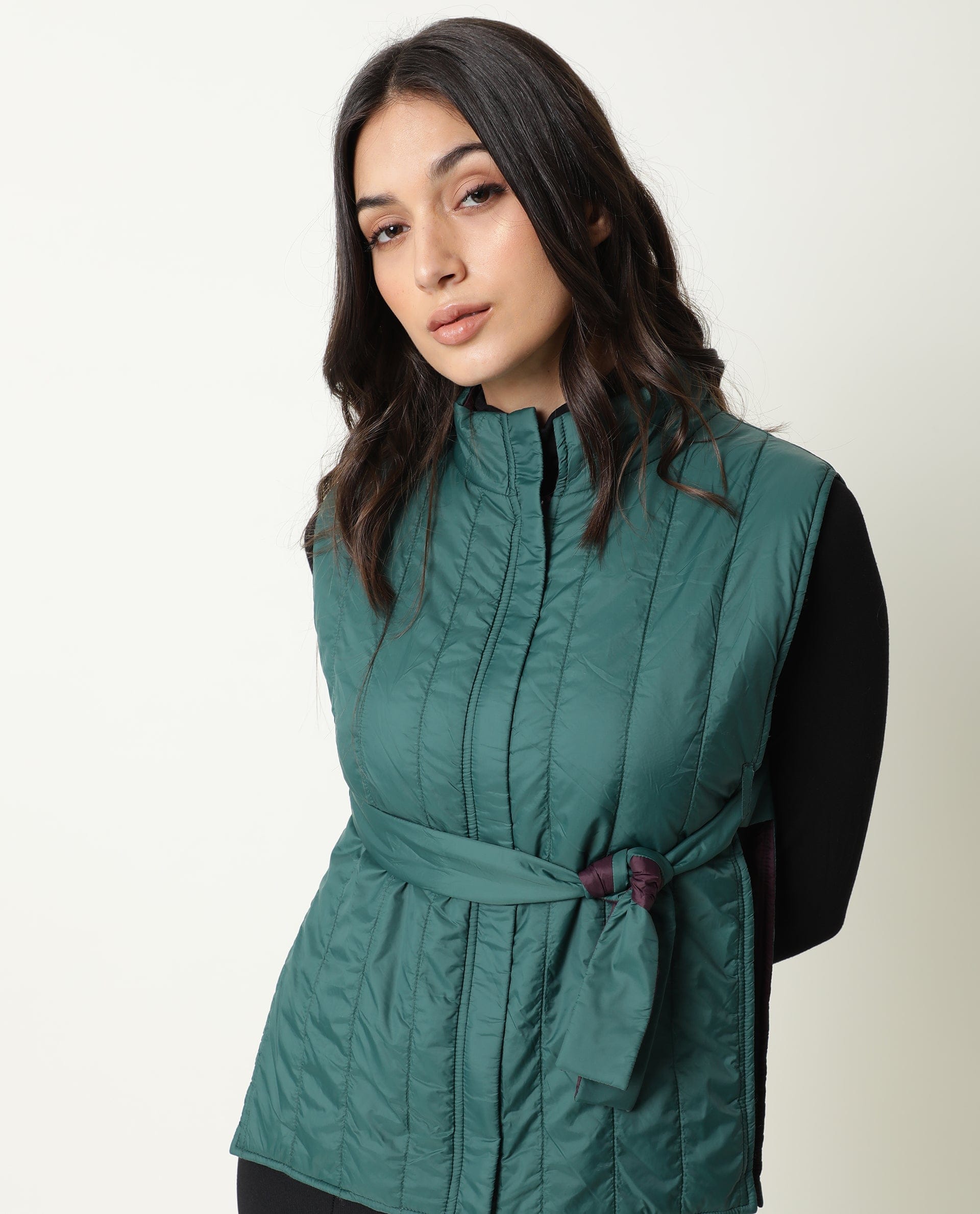 Rareism Women's Aurora Green Polyester High Neck Plain Sleeveless Regular Fit Jacket