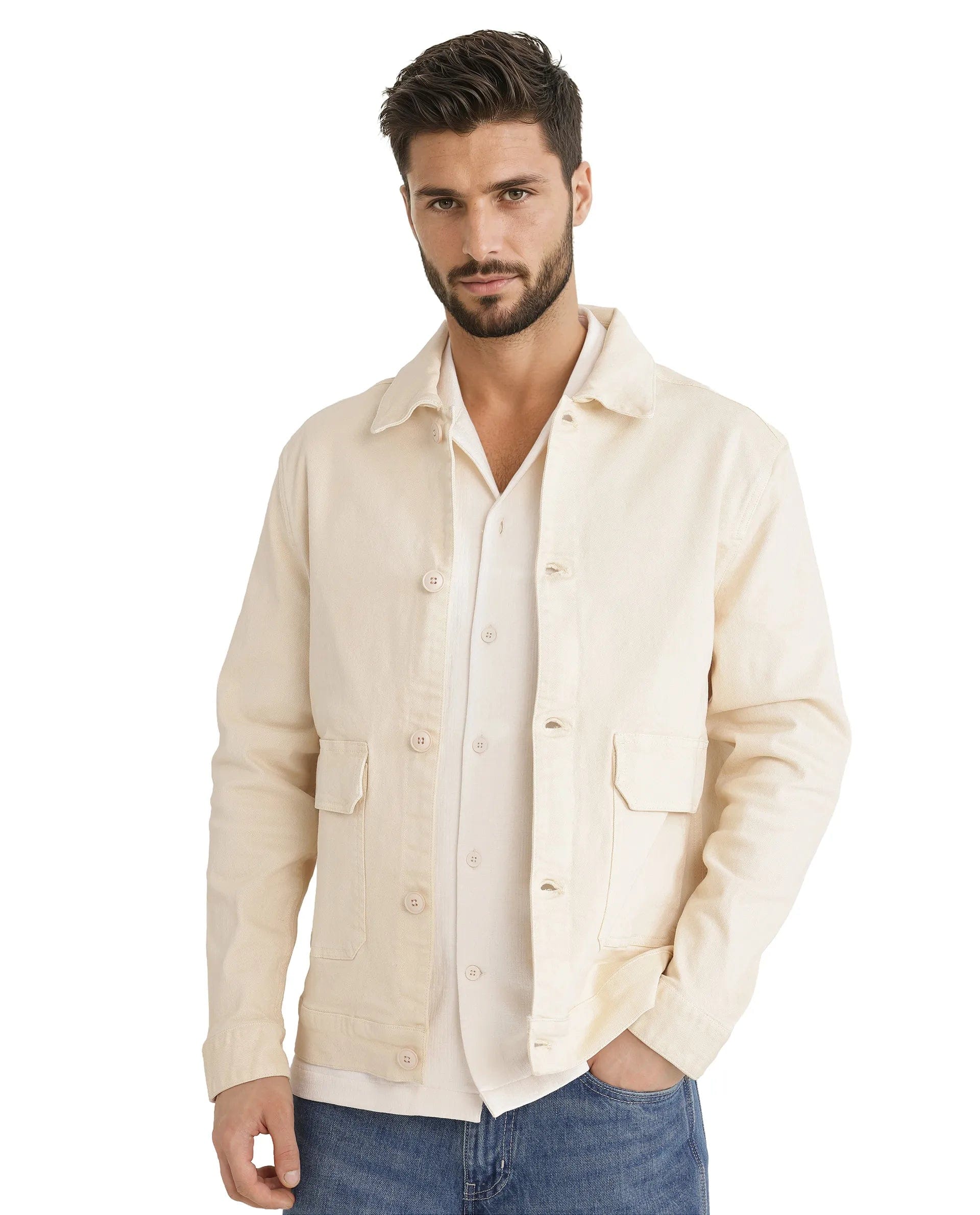 RARE Rabbit Men's Volta Off White Cotton Plain Regular Fit Full Sleeve Spread Collar Jacket