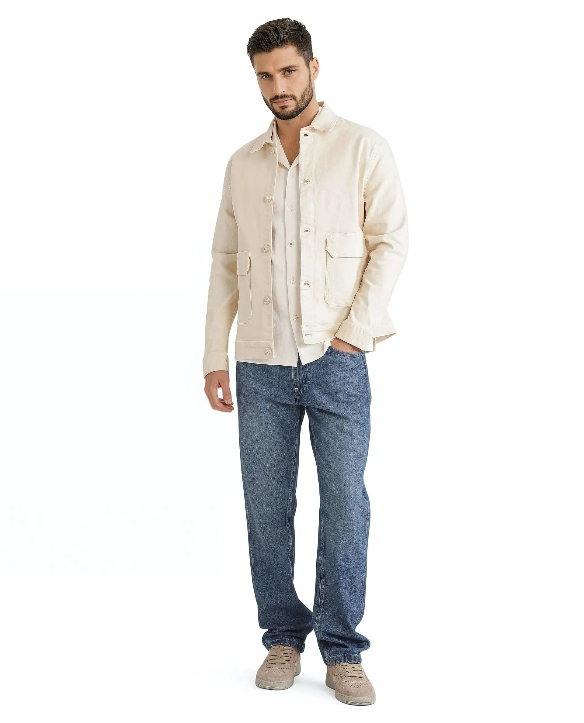RARE Rabbit Men's Volta Off White Cotton Plain Regular Fit Full Sleeve Spread Collar Jacket