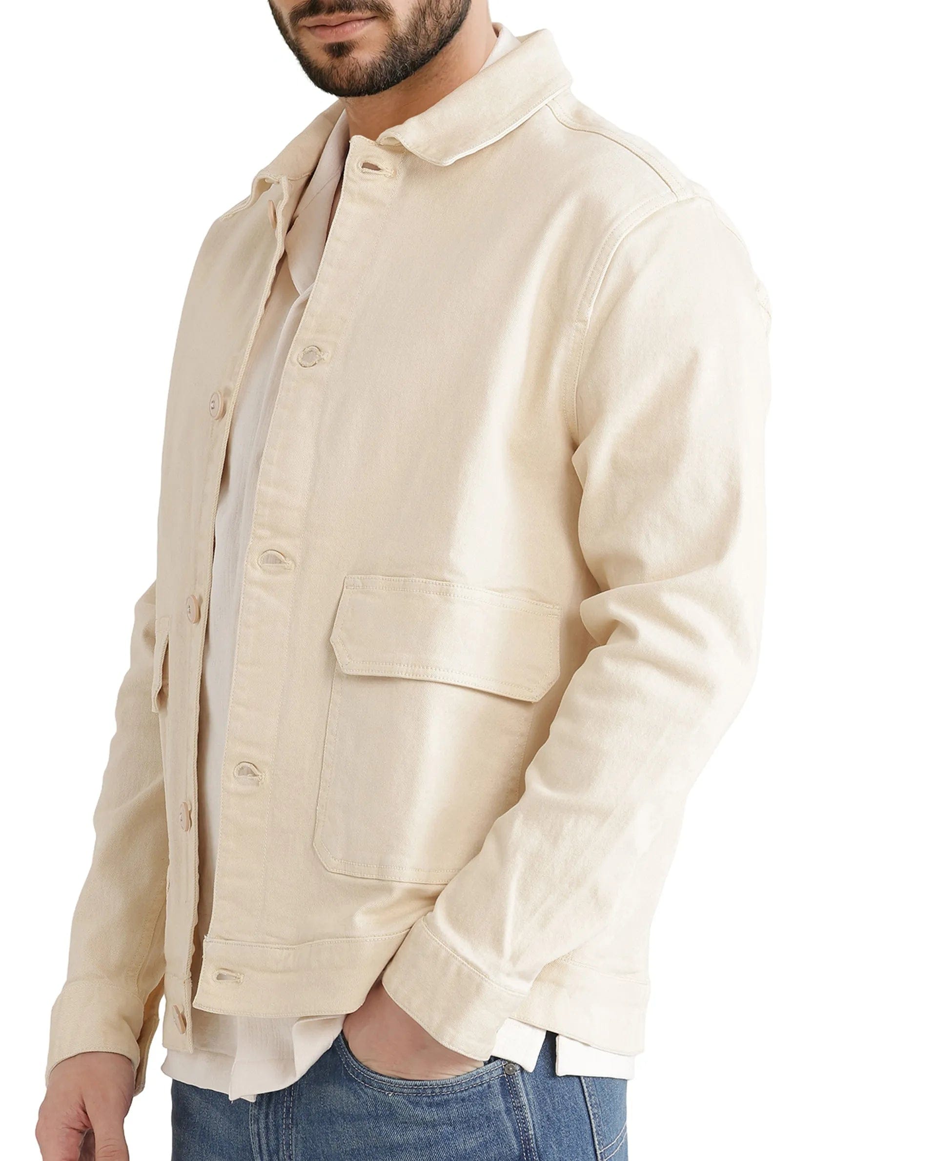 RARE Rabbit Men's Volta Off White Cotton Plain Regular Fit Full Sleeve Spread Collar Jacket