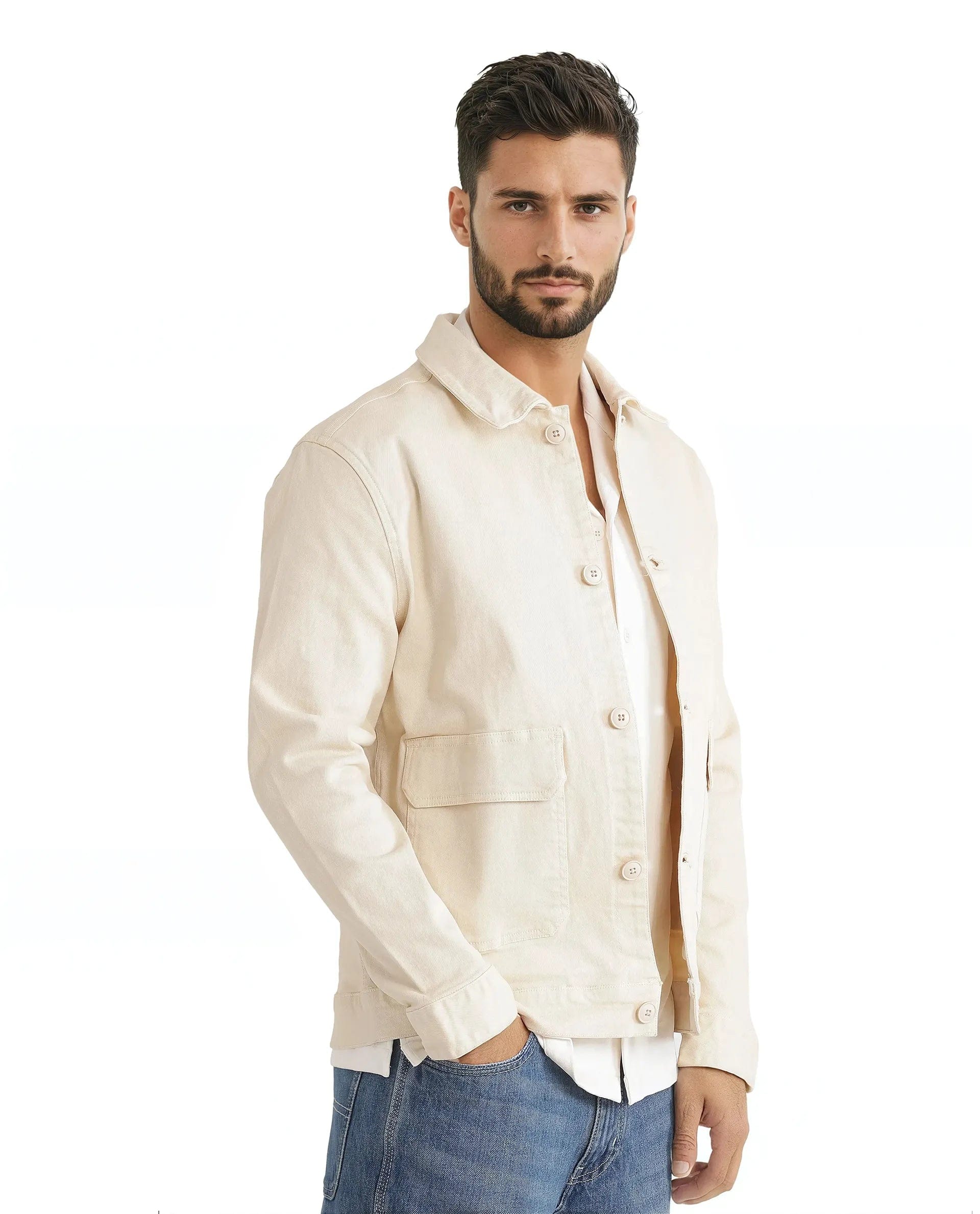 RARE Rabbit Men's Volta Off White Cotton Plain Regular Fit Full Sleeve Spread Collar Jacket