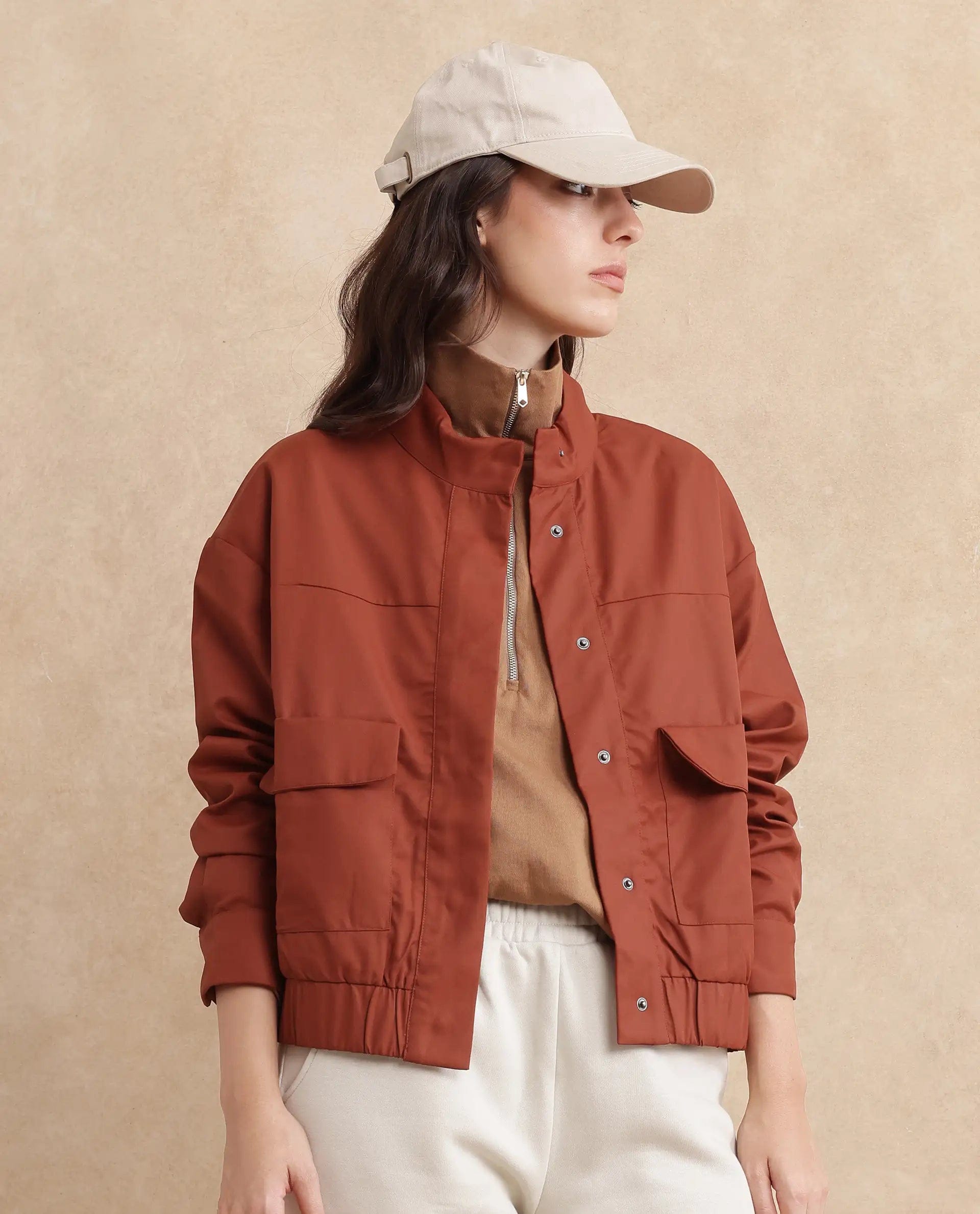 Rareism Women's Rukks Rust Stand Collar Plain Cuffed Sleeve Boxy Fit Jacket