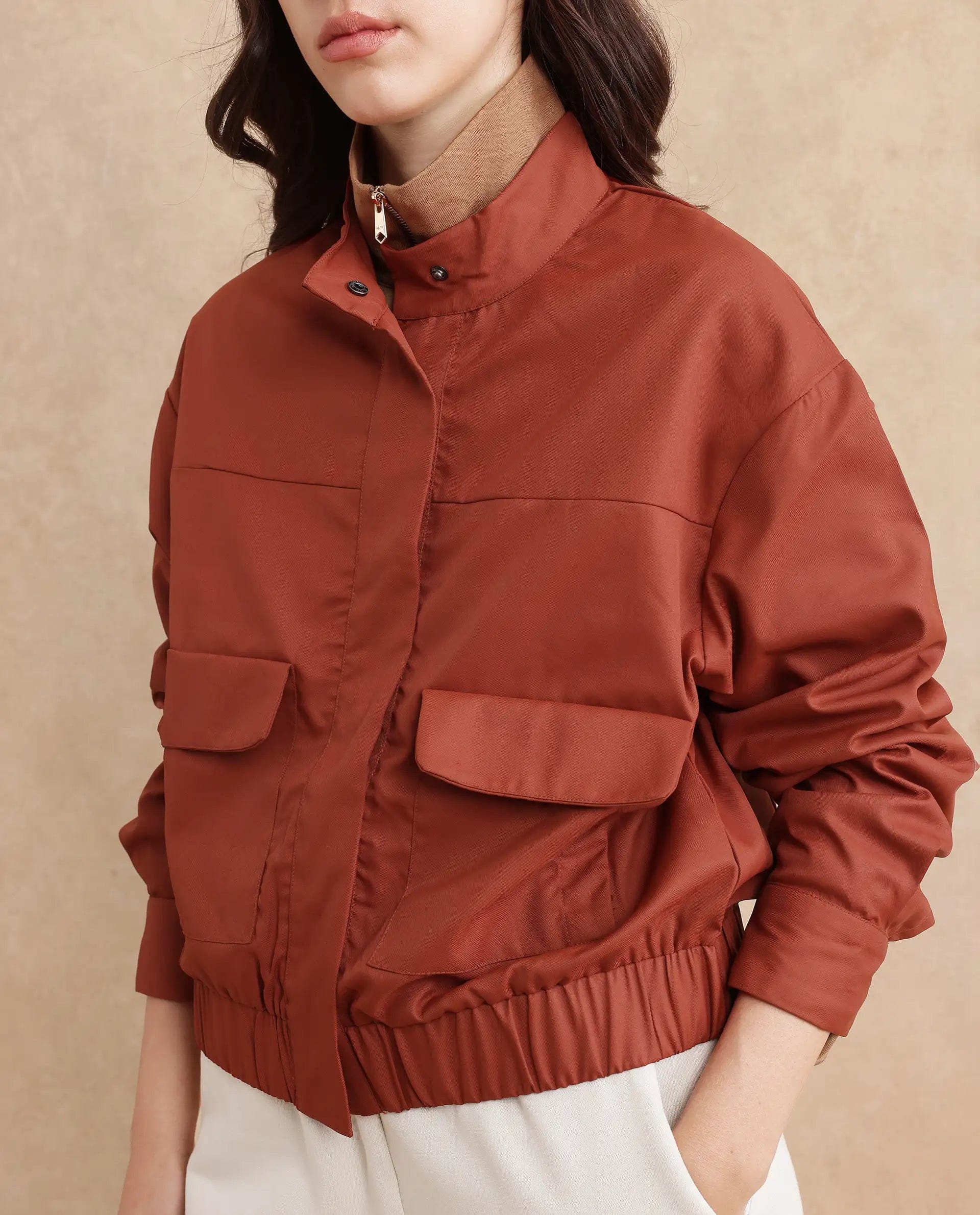 Rareism Women's Rukks Rust Stand Collar Plain Cuffed Sleeve Boxy Fit Jacket