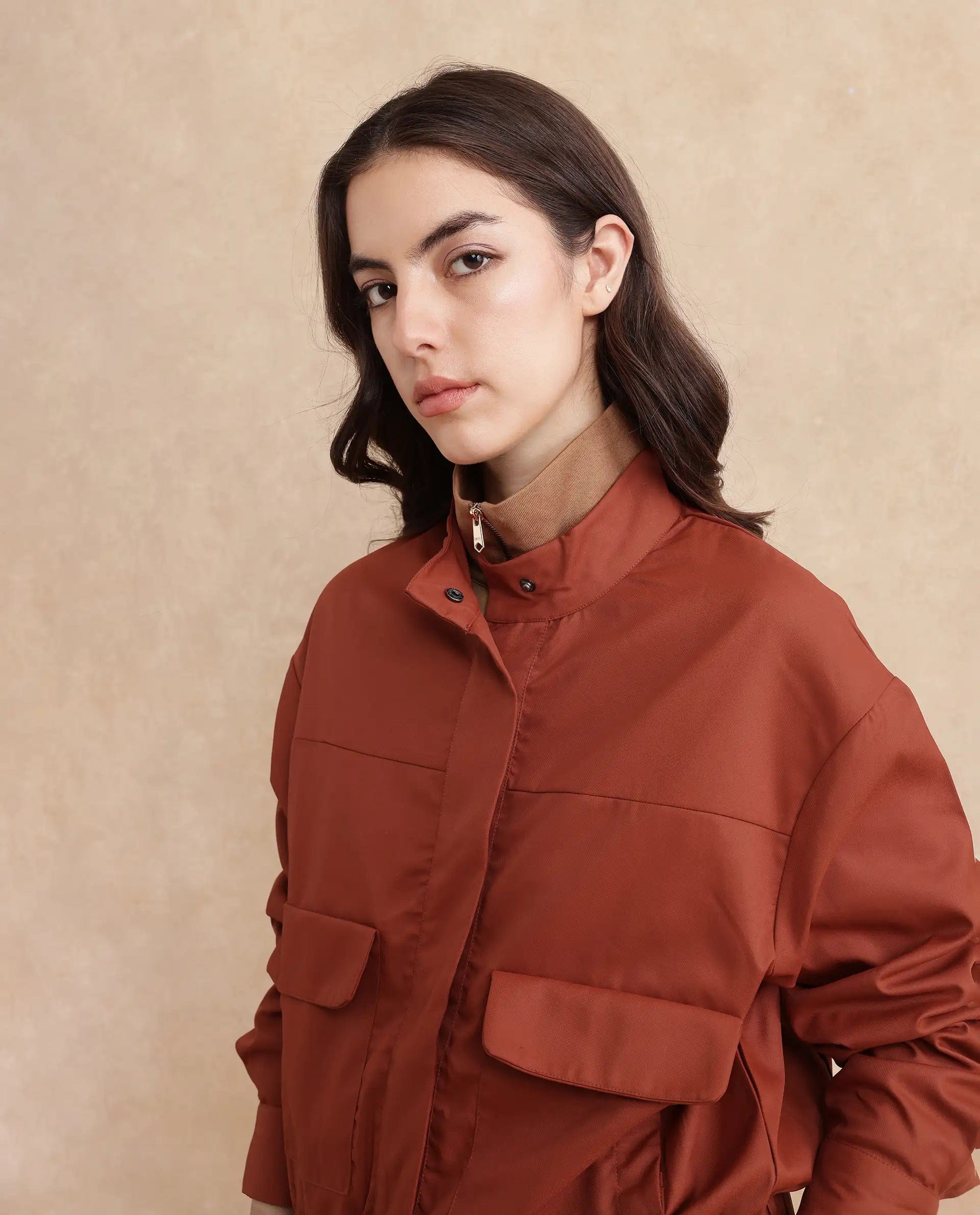 Rareism Women's Rukks Rust Stand Collar Plain Cuffed Sleeve Boxy Fit Jacket