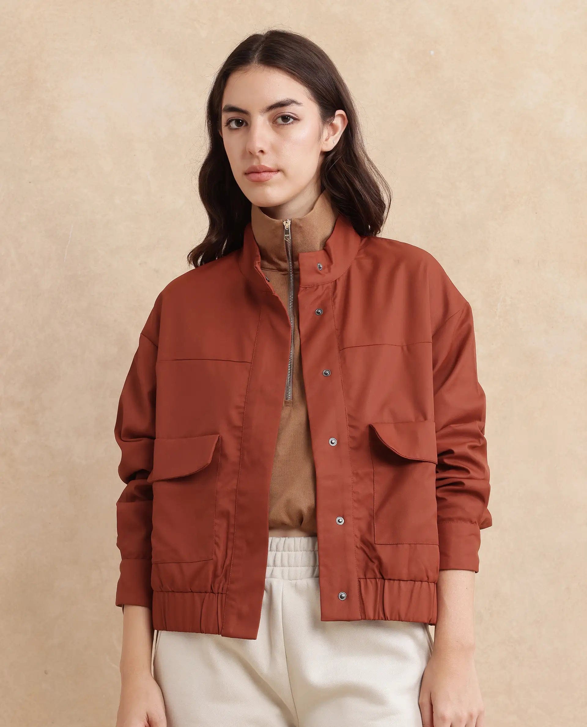 Rareism Women's Rukks Rust Stand Collar Plain Cuffed Sleeve Boxy Fit Jacket