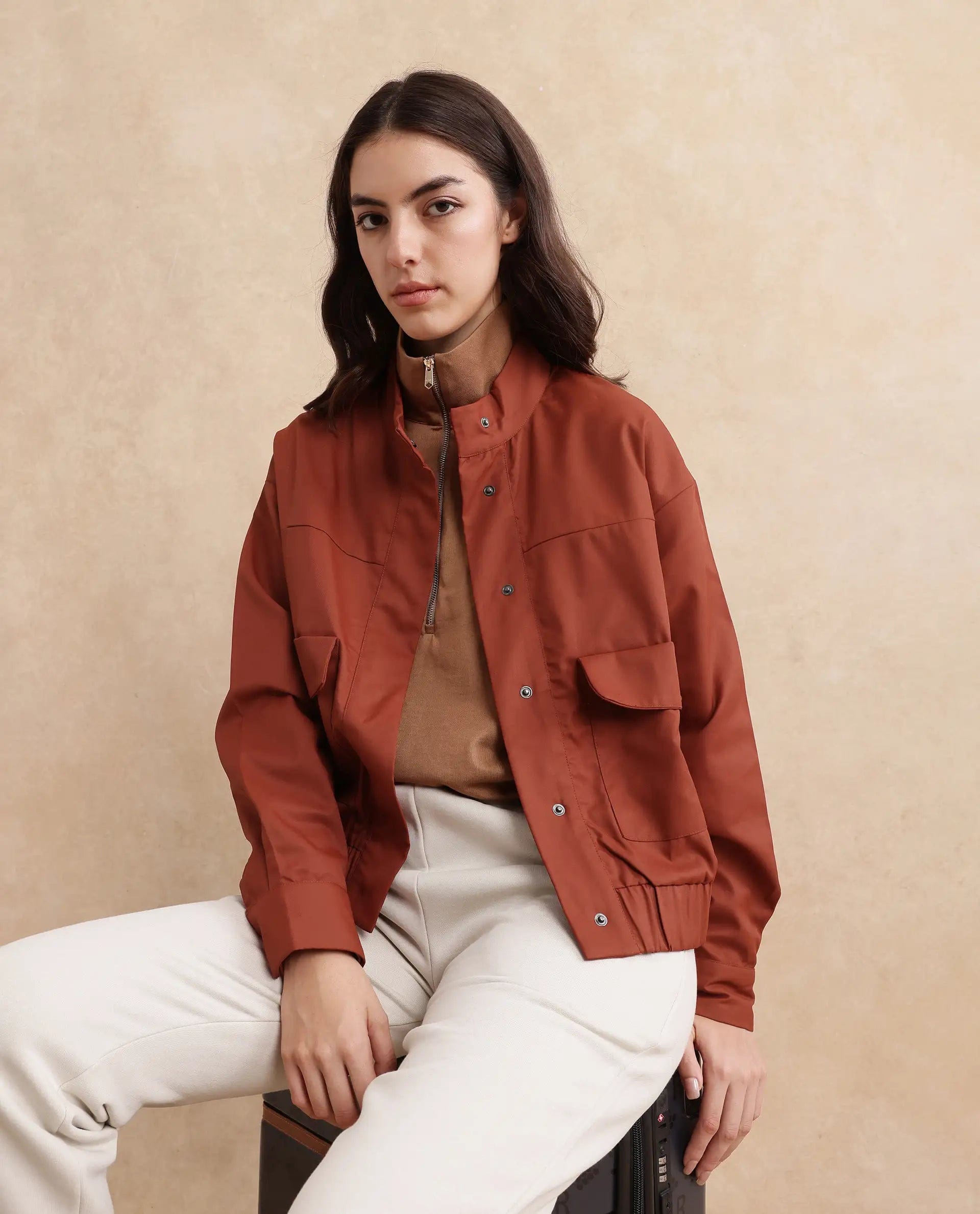 Rareism Women's Rukks Rust Stand Collar Plain Cuffed Sleeve Boxy Fit Jacket