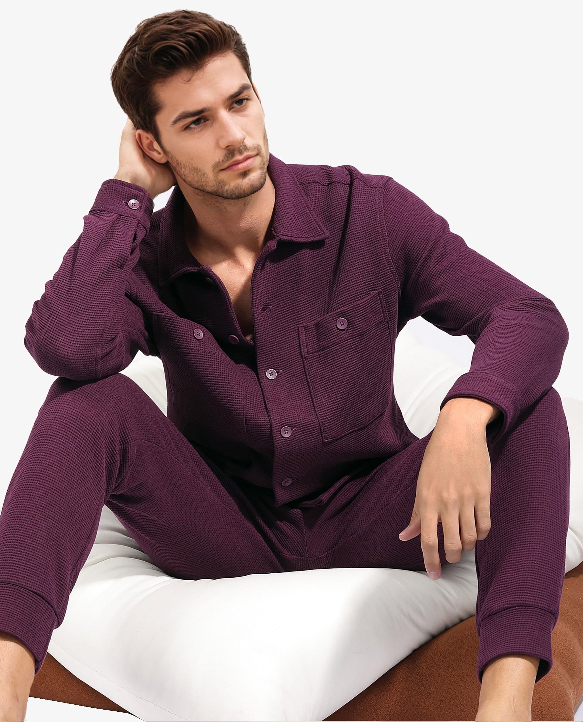 RARE Rabbit Men's Elric Dark Purple Cotton Plain Regular Fit Full Sleeve Spread Collar Jacket
