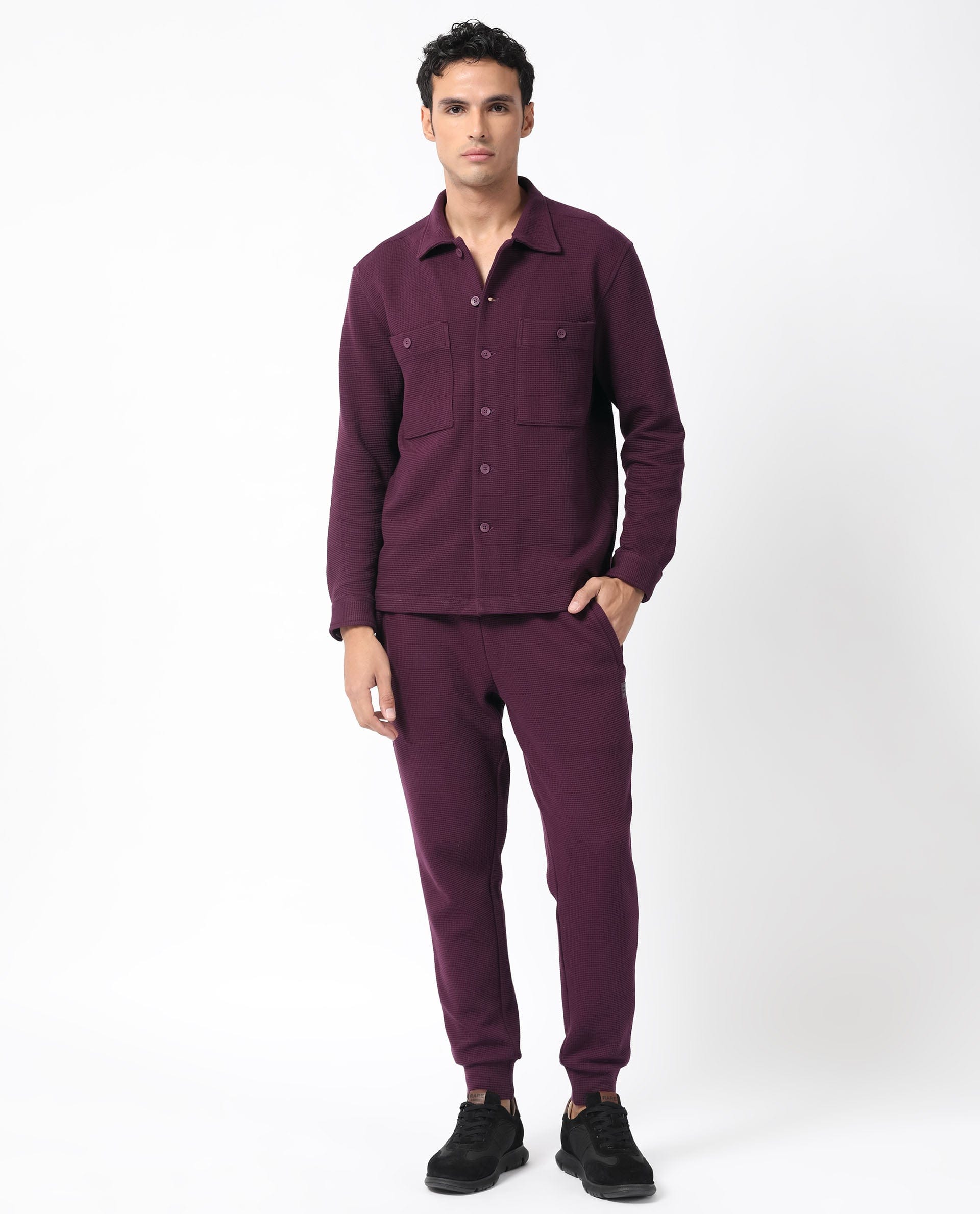 RARE Rabbit Men's Elric Dark Purple Cotton Plain Regular Fit Full Sleeve Spread Collar Jacket