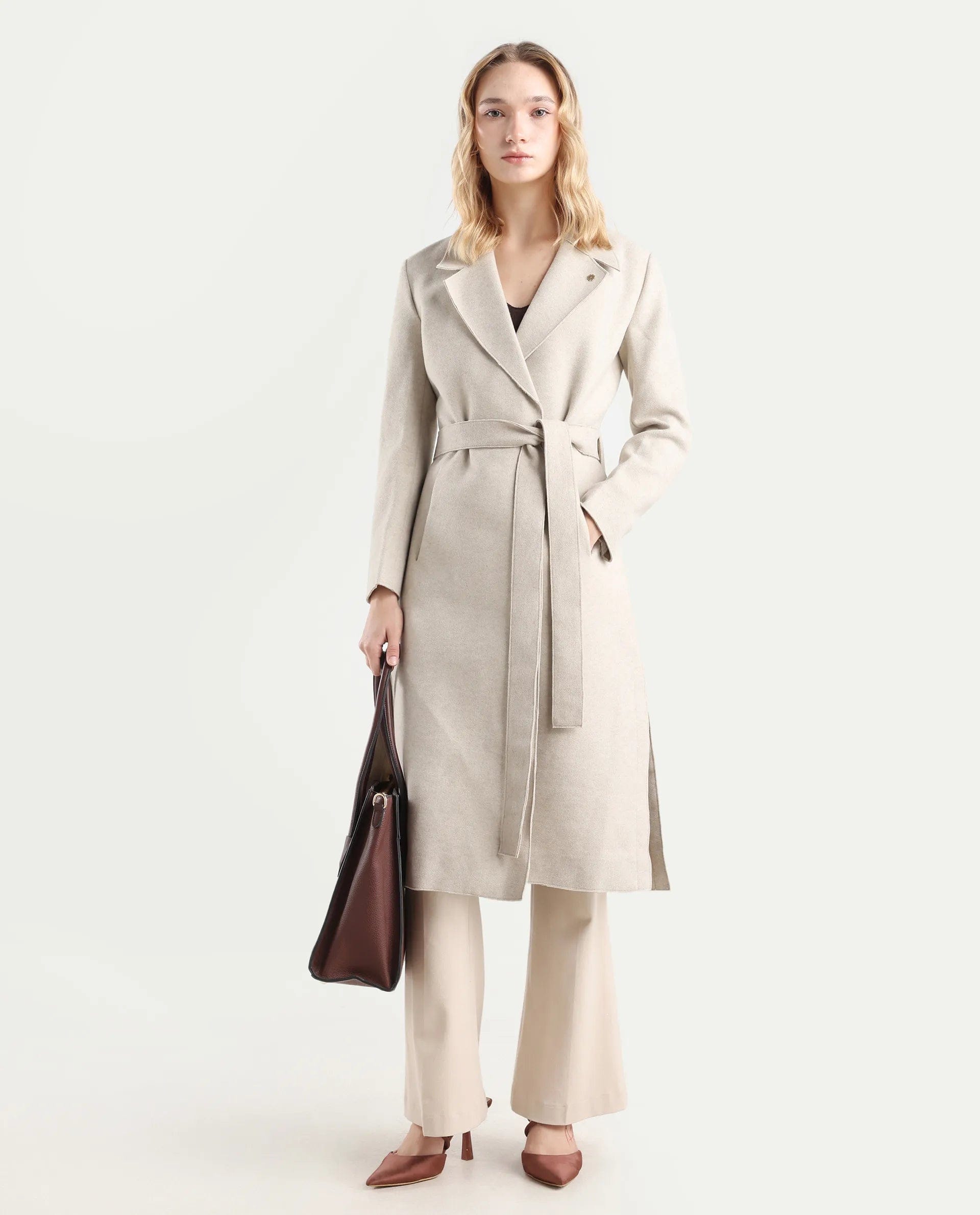 Rareism Women's Gisbory Off White Polyester Blend Lapel Collar Coat Plain Coat