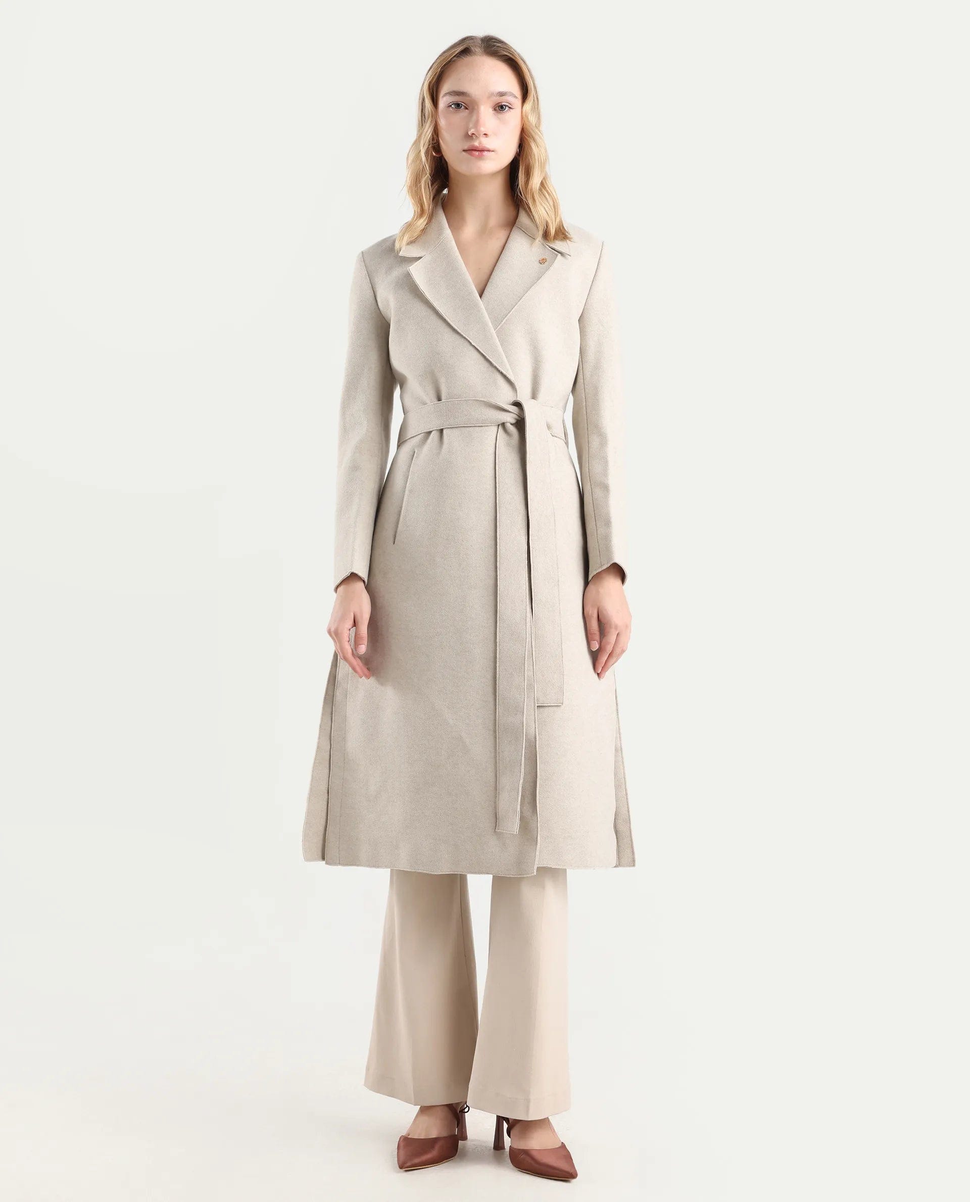 Rareism Women's Gisbory Off White Polyester Blend Lapel Collar Coat Plain Coat