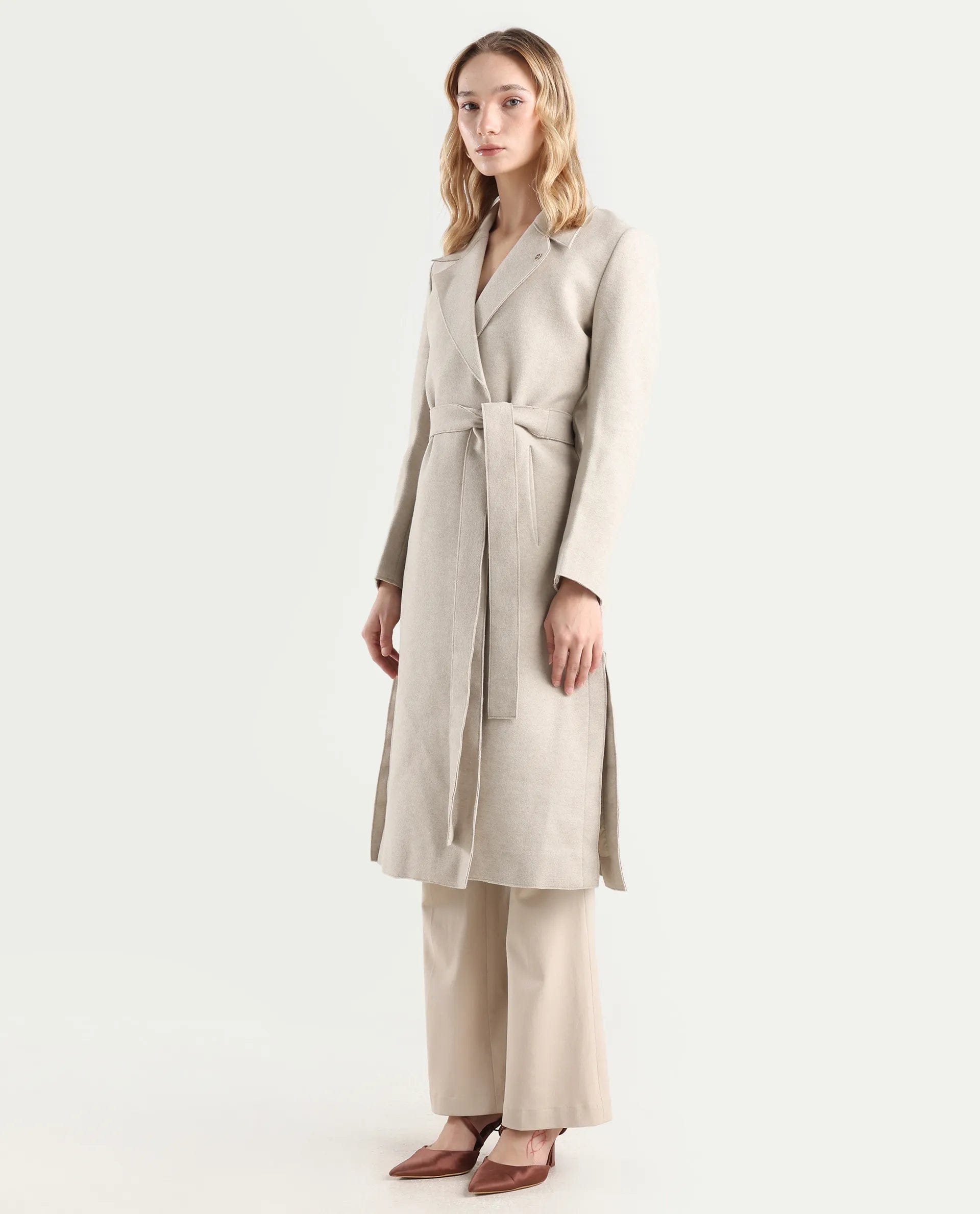 Rareism Women's Gisbory Off White Polyester Blend Lapel Collar Coat Plain Coat