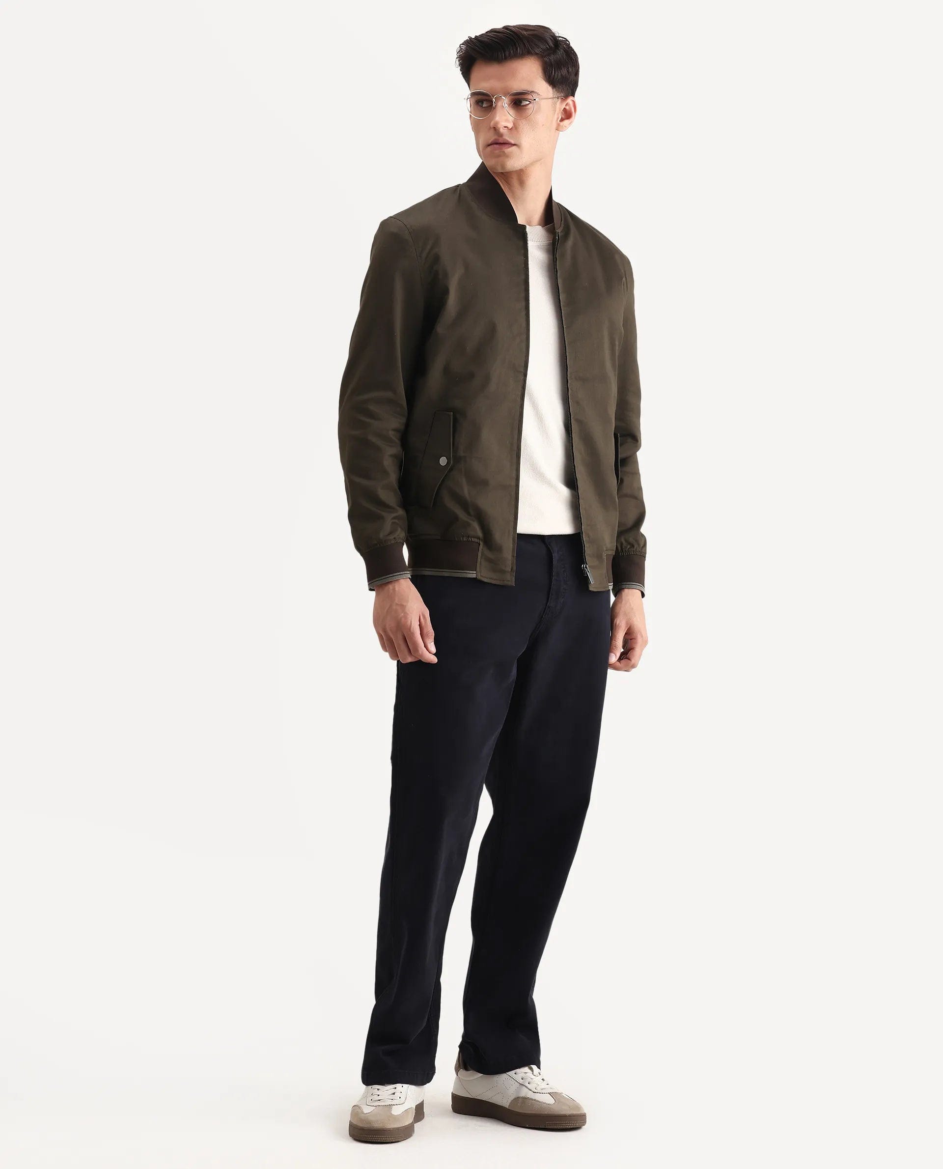 RARE Rabbit Men's Bom Olive Cotton Blend Fabric Ribbed Collar Regular Plain Jacket