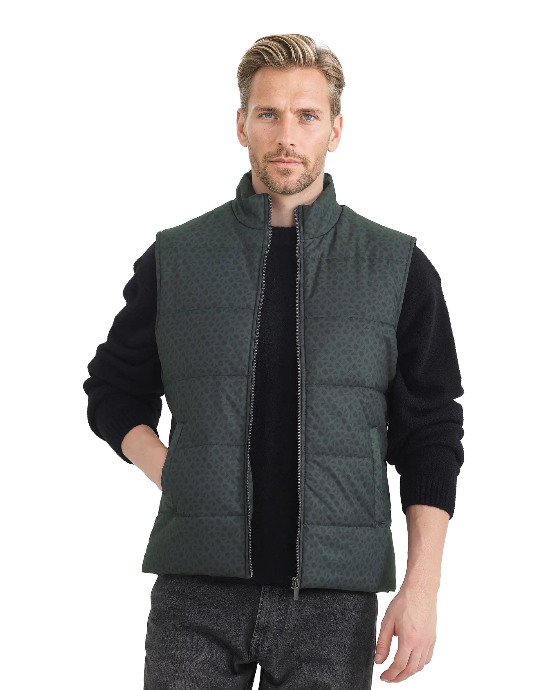 RARE Rabbit Men's Darif Petrol Polyester Monogram Print Regular Fit Sleeveless High Neck Jacket