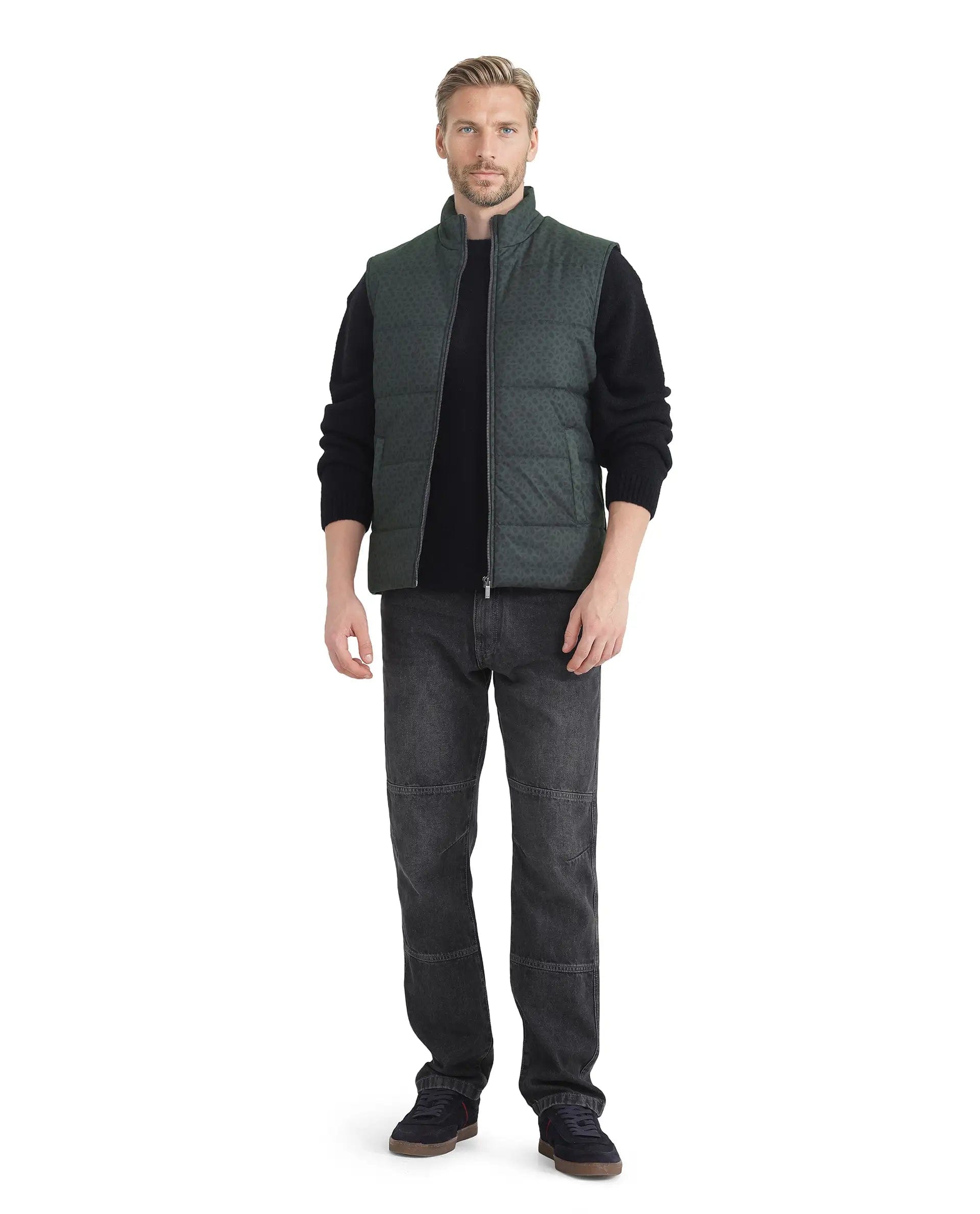 RARE Rabbit Men's Darif Petrol Polyester Monogram Print Regular Fit Sleeveless High Neck Jacket